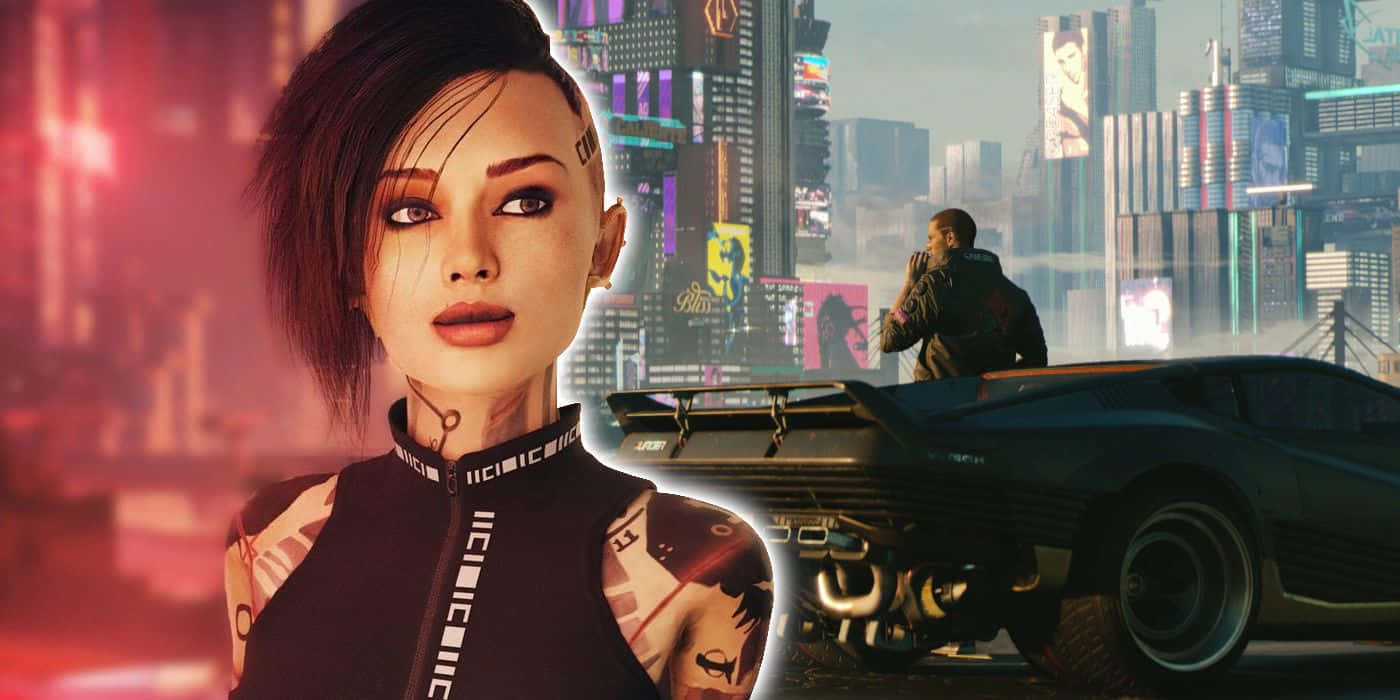 Mass Effect Jack 桌布 壁紙 — 一位帶有紋身的賽博龐克女性站在閃爍的霓虹城市景觀前，背景中有一輛未來主義的汽車和一個男人。