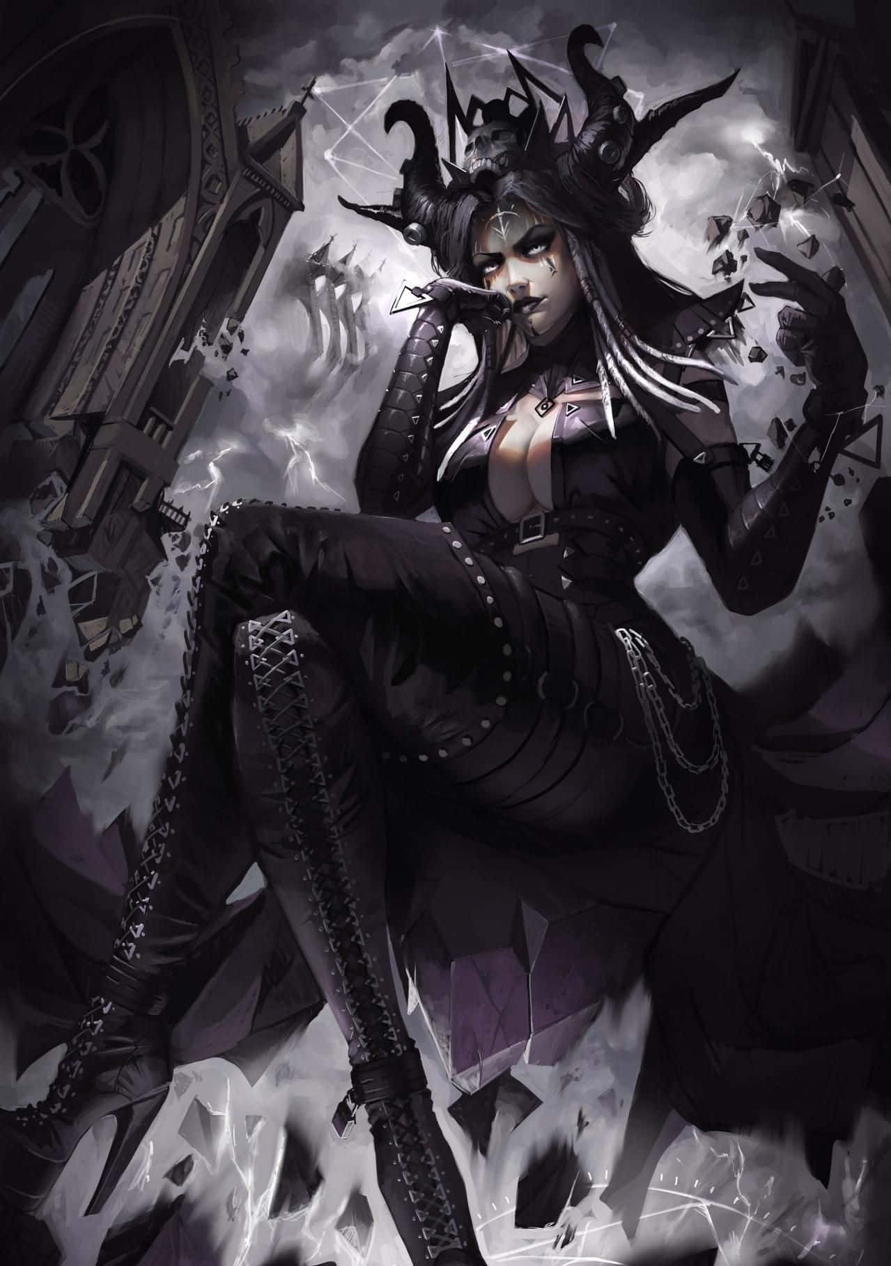 Dark Queen 桌布 壁紙 — 一位帶有角和鎖鏈的黑暗奇幻女王坐在風暴哥德式廢墟中的破碎石頭上。