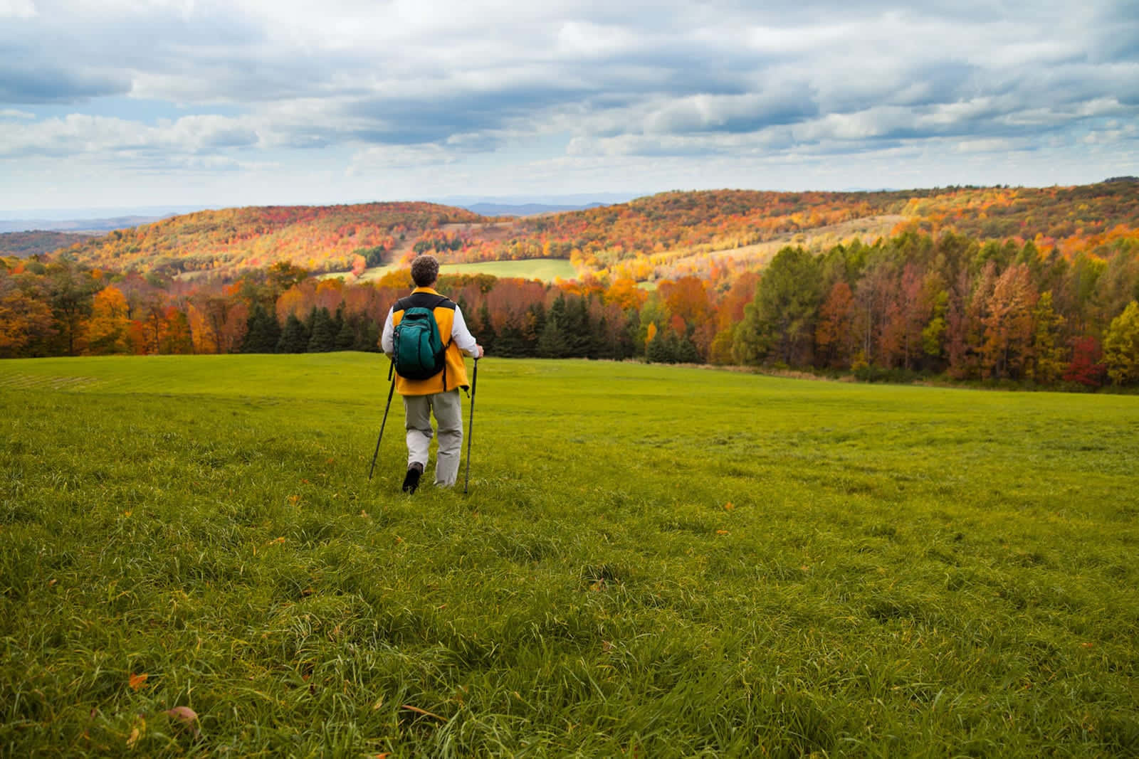 Fall Hikes 桌布 壁紙 — 一位帶著登山杖和背包的徒步旅行者，在陰天之下穿過充滿活力的綠色草地，走向秋葉如火般絢爛的連綿山丘。