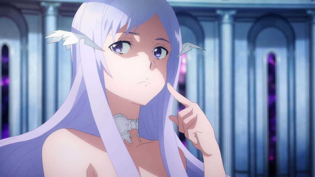 Sword Art Online Quinella 桌布 壁紙 — 一位平靜的動漫女孩，擁有長長的薰衣草色頭髮和小小的白色翅膀，輕輕地將臉頰貼在發光的藍色大教堂背景上。