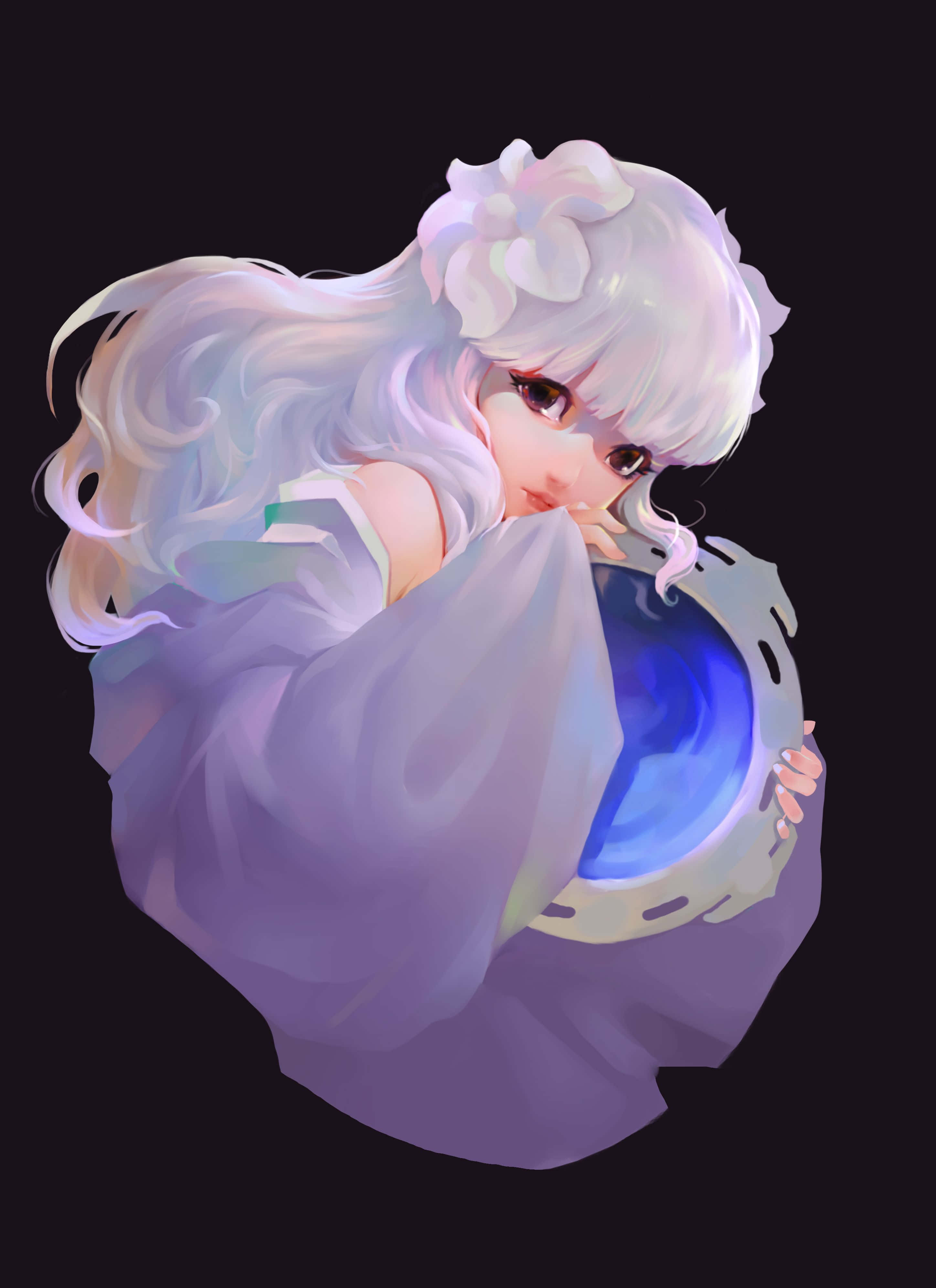 Inuyasha Kanna 桌布 壁紙 — 一位平靜的動漫女孩，擁有飄逸的白髮和一朵大花，在黑暗背景中握著一個發光的藍色球體。
