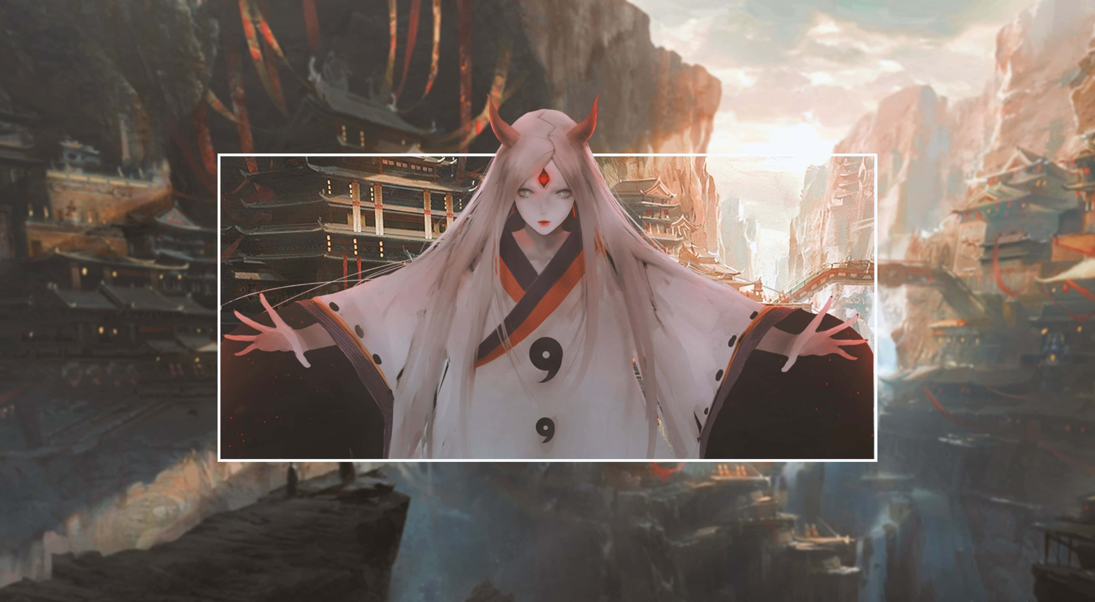 Kaguya Otsutsuki 桌布 壁紙 — 一位平靜的動漫女孩，白髮紅角，站在夕陽天空下的漂浮寺廟城市中。