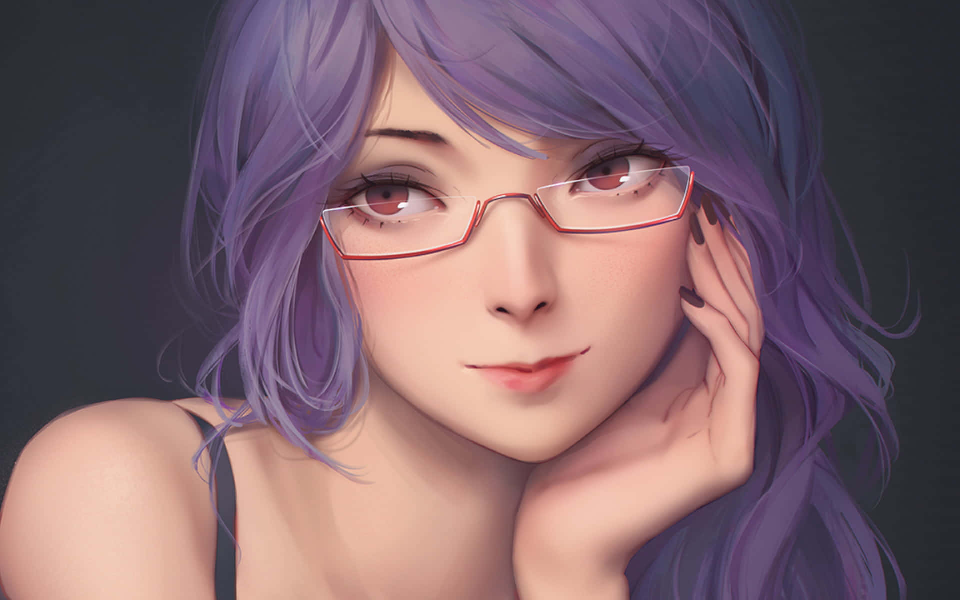 Rize Kamishiro 桌布 壁紙 — 一位平靜的動漫女孩，紫色頭髮和紅色眼鏡，在黑暗背景中將下巴擱在手上。