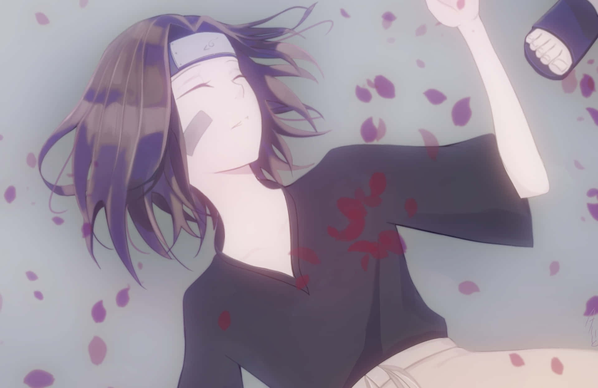 Rin Nohara 桌布 壁紙 — 一位平靜的動漫女孩，紫色頭髮和髮帶，在柔和的粉彩調中，安詳地躺在飄落的櫻花之間。