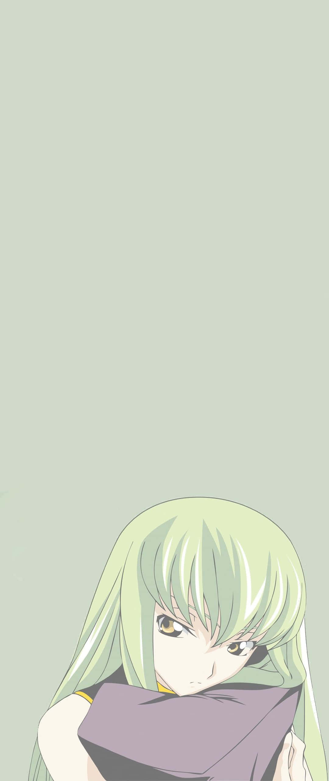 Code Geass C.c. 桌布 壁紙 — 一位平靜的動漫女孩，長著綠色長髮和金色眼睛，從淡綠色背景下方探出頭來。