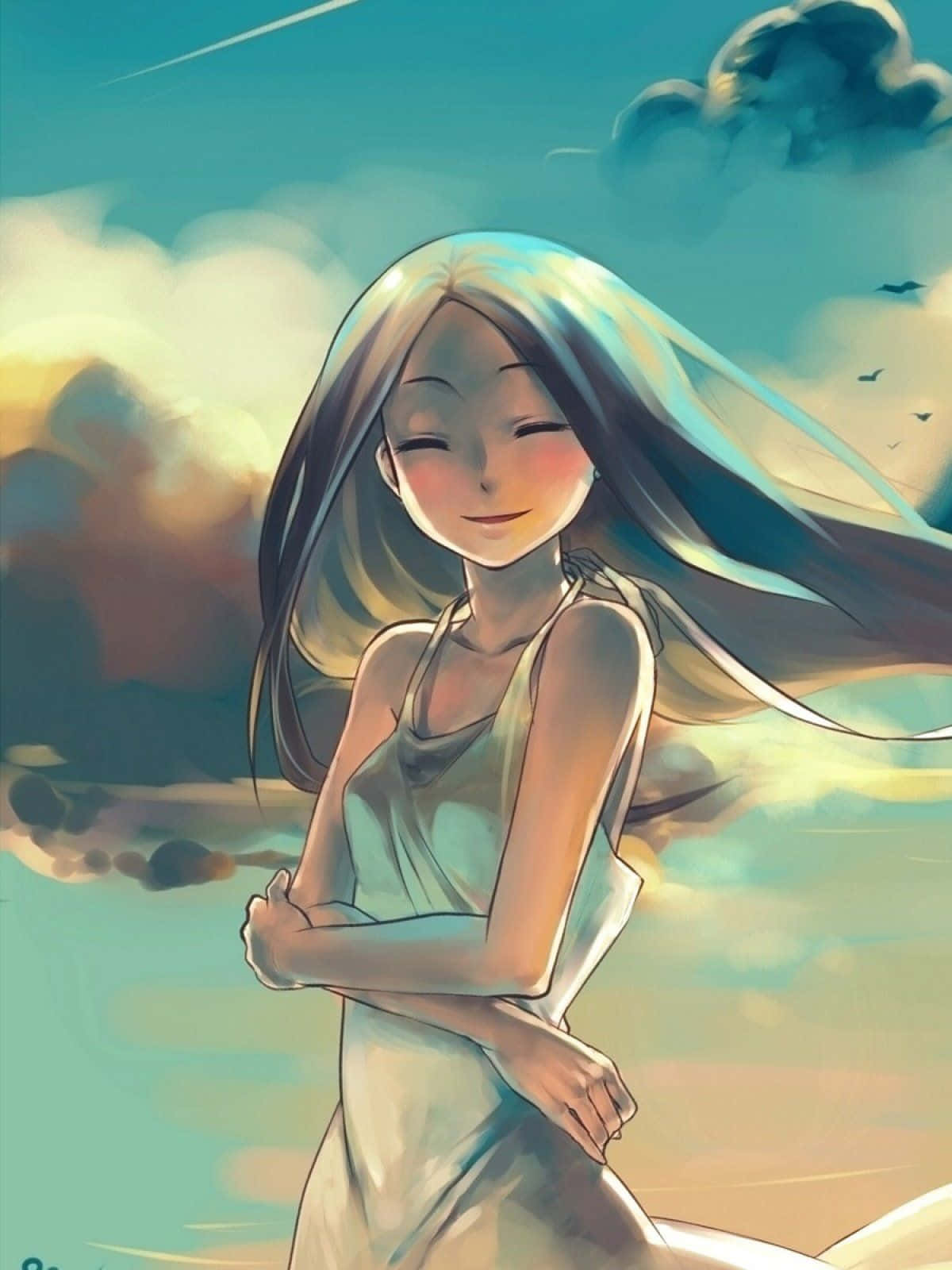 Cute Animations 桌布 壁紙 — 一位平靜的動漫女孩，長髮飄逸，在柔和的白雲和鳥兒的天空中溫柔微笑。