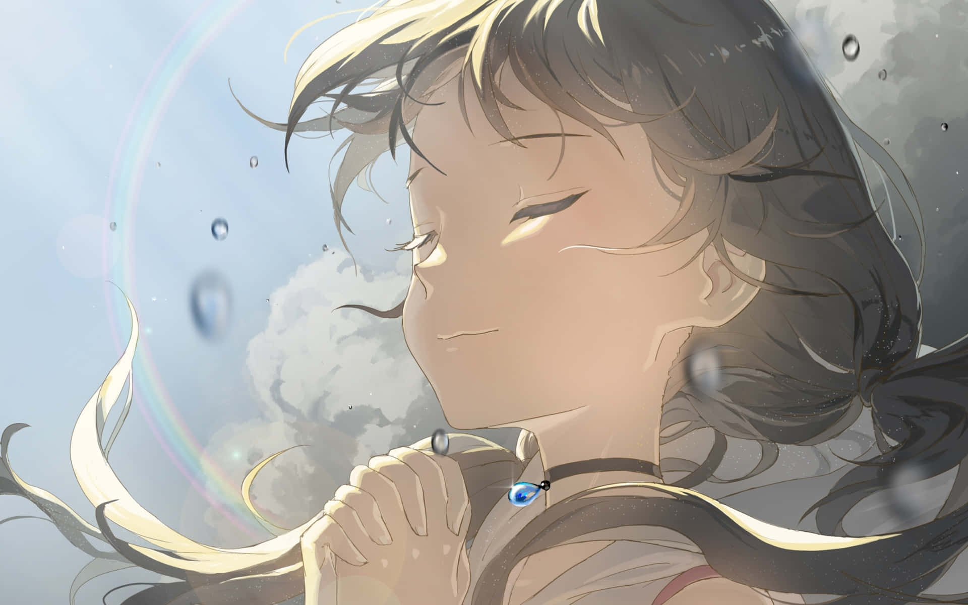 Weathering With You 桌布 壁紙 — 一位平靜的動漫女孩閉著眼睛，飄逸的頭髮在水中漂浮，靠近一道被氣泡包圍的彩虹光束。