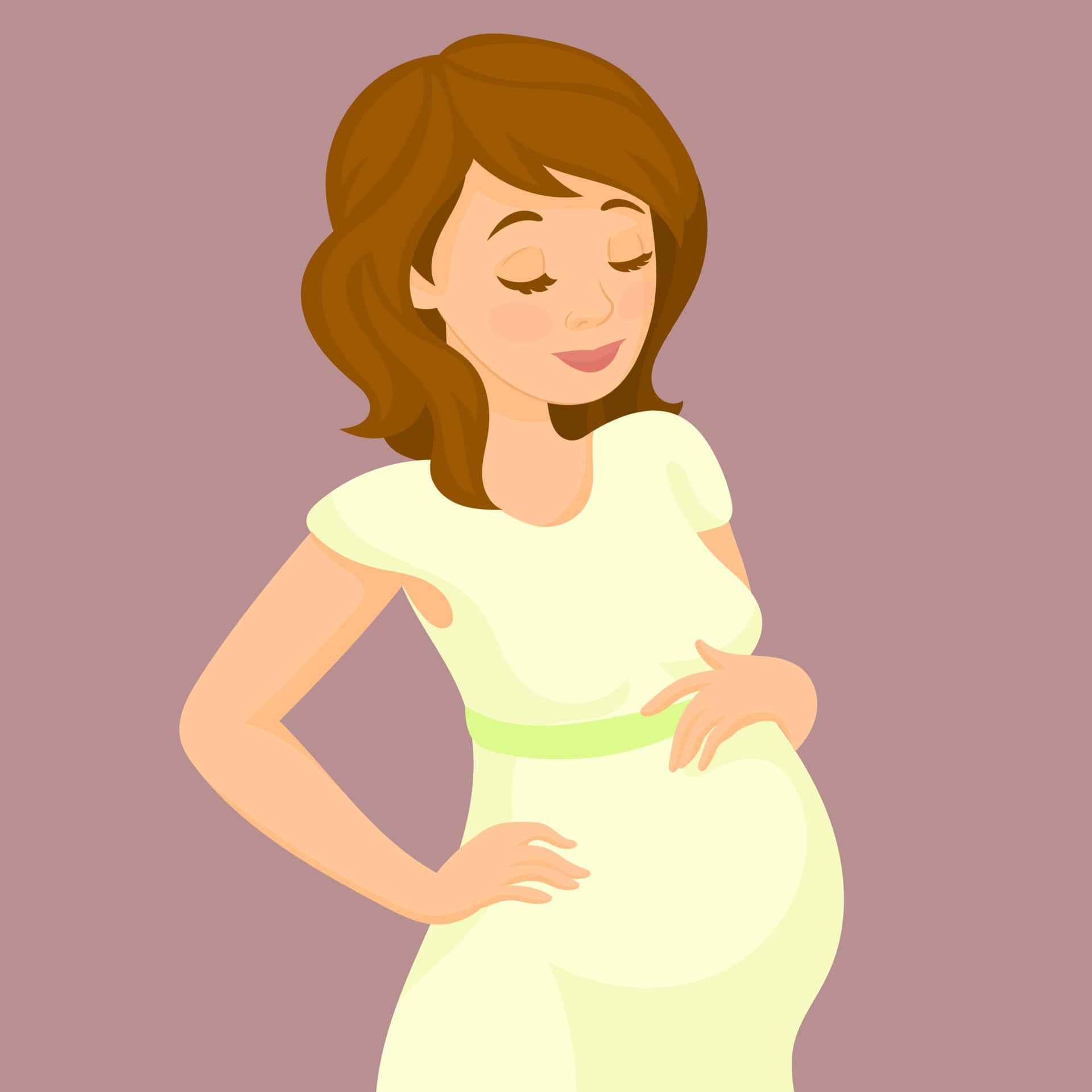 pregnancy 桌布 壁紙 — 一位平靜的孕婦，棕色頭髮，穿著柔軟的黃色連衣裙，在柔和的紫紅色背景前輕輕地抱著她的肚子。
