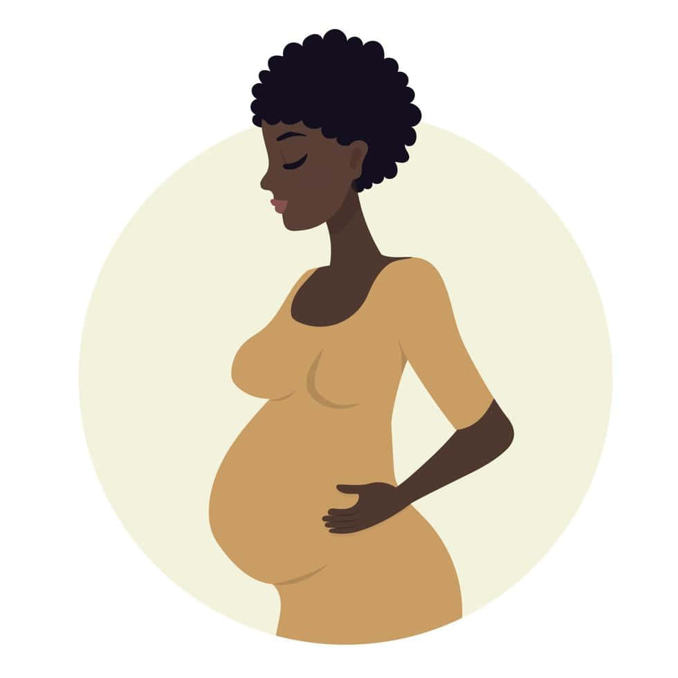 pregnancy 桌布 壁紙 — 一位平靜的孕婦，深色捲髮，在極簡插圖中輕柔地抱著肚子。