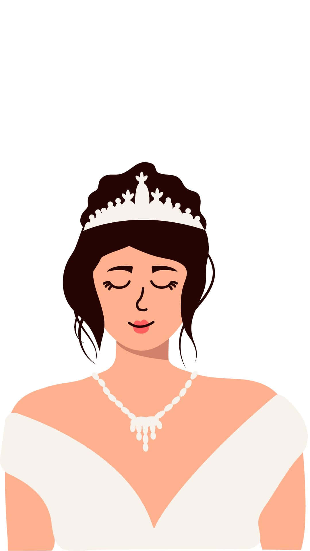 Cute Queen 桌布 壁紙 — 一位平靜的新娘閉上眼睛，戴著白色頭飾和珍珠項鍊，背景是純白色。