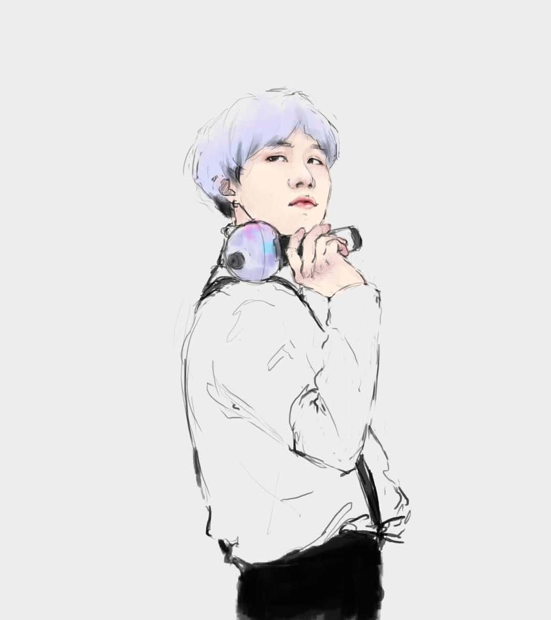 Bts Army Bomb 桌布 壁紙 — 一位年輕人有薰衣草色頭髮，在草圖風格的數位插圖中，拿著虹彩耳機，背景是純淺灰色。