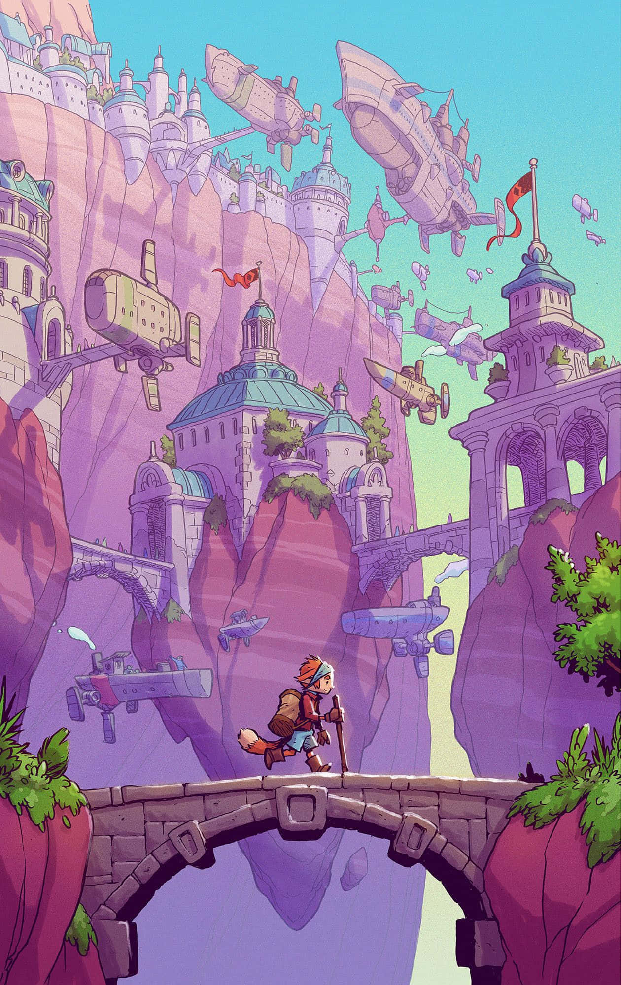 Game Animation 桌布 壁紙 — 一位年輕冒險家帶著狐狸同伴，在漂浮飛船和宏偉紫色懸崖城堡下走過石橋。
