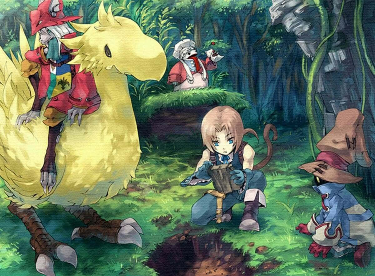 Final Fantasy Ix 桌布 壁紙 — 一位年輕冒險家跪在茂密的綠色森林中，一隻巨大的黃色陸行鳥和其他奇特的生物在附近觀看。
