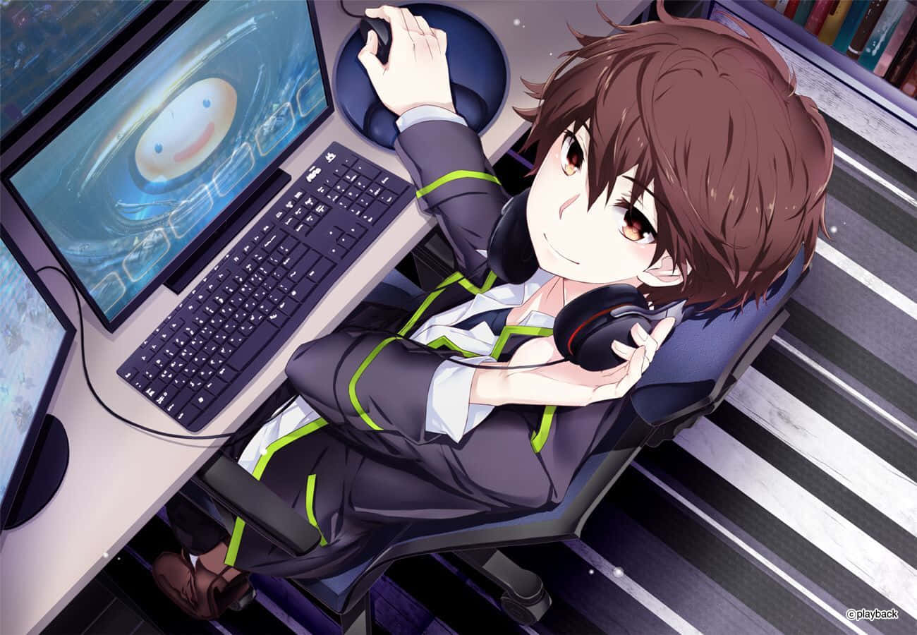 一位年輕動漫男孩使用電腦 壁紙 — 動畫男孩坐在電競椅上，戴著耳機並使用滑鼠，在發光的電腦螢幕前微笑。