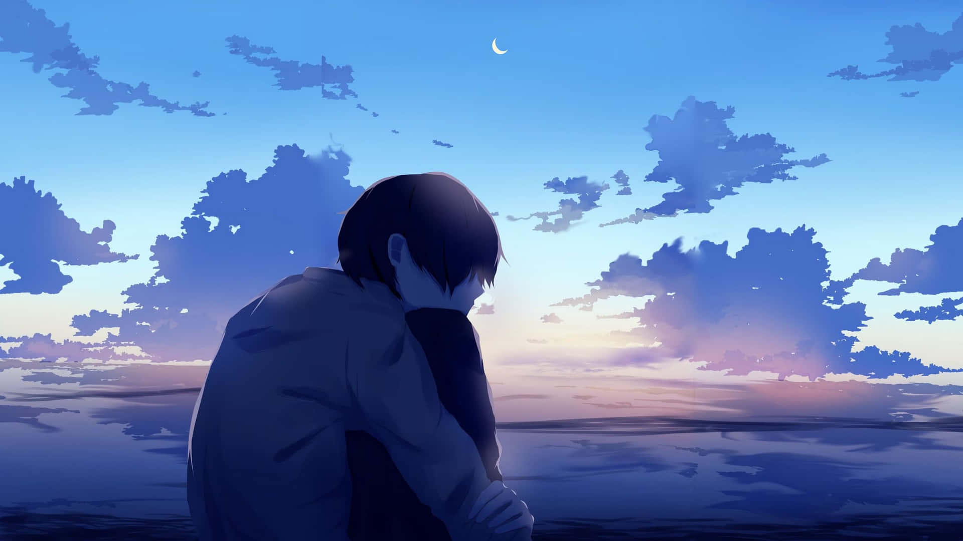 動漫男孩在黃昏時獨自坐在水邊，有新月和紫色雲彩。