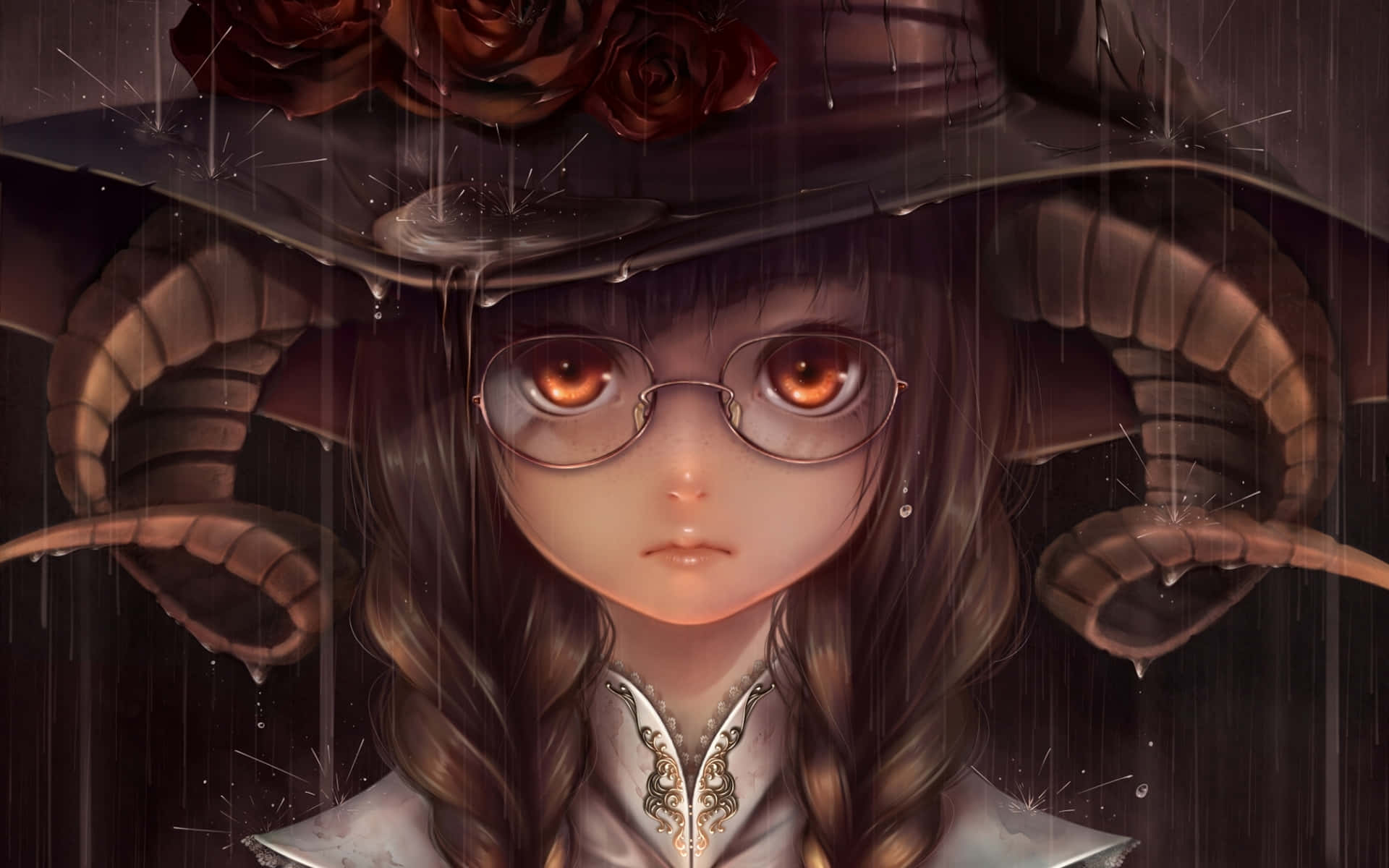Lorem ipsum dolor sit amet, consectetur adipiscing elit. 壁紙 — 一位年輕女孩戴著琥珀色眼睛和眼鏡，戴著一頂寬邊帽，帽子上裝飾著玫瑰和公羊角，雨水在她周圍落下。