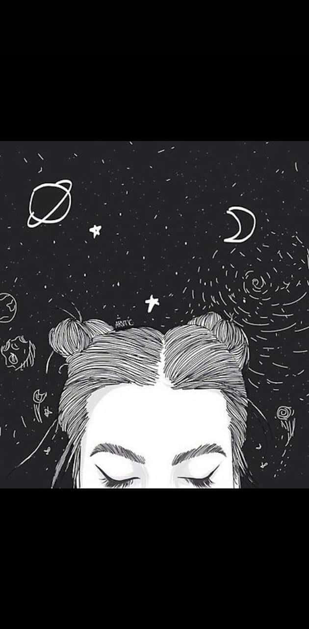 一個閉上眼睛的人，被星星和月亮等宇宙塗鴉包圍。