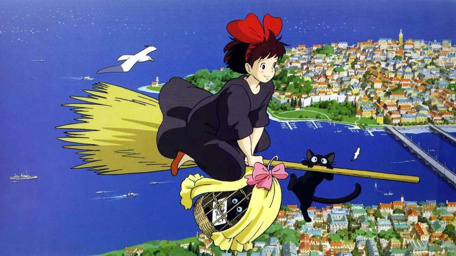 Hayao Miyazaki Movies 桌布 壁紙 — 一位年輕女巫在星空下騎著掃帚，帶著她的黑貓同伴飛越沿海城市。