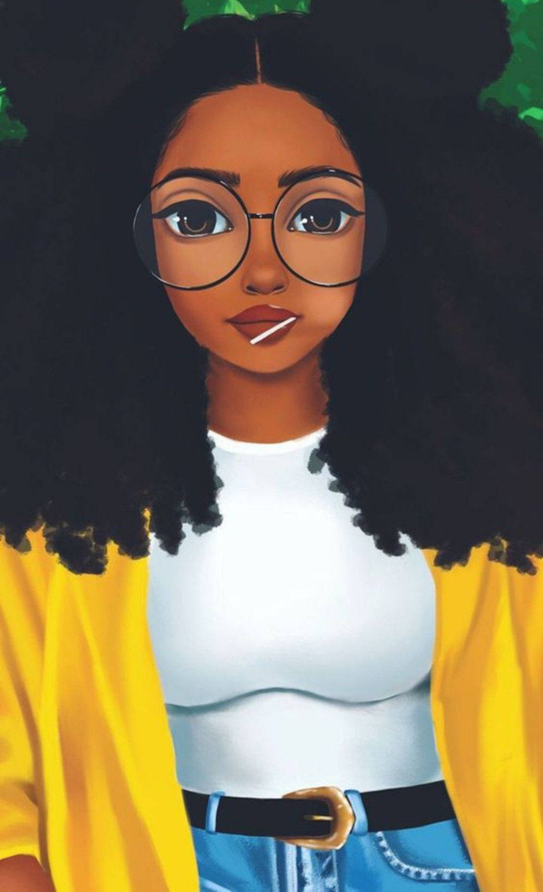 black woman with big glasses cartoon 壁紙 — 一位年輕女性，擁有濃密黑色捲髮和圓框眼鏡，身穿黃色開襟毛衣，內搭白色上衣和藍色牛仔褲。