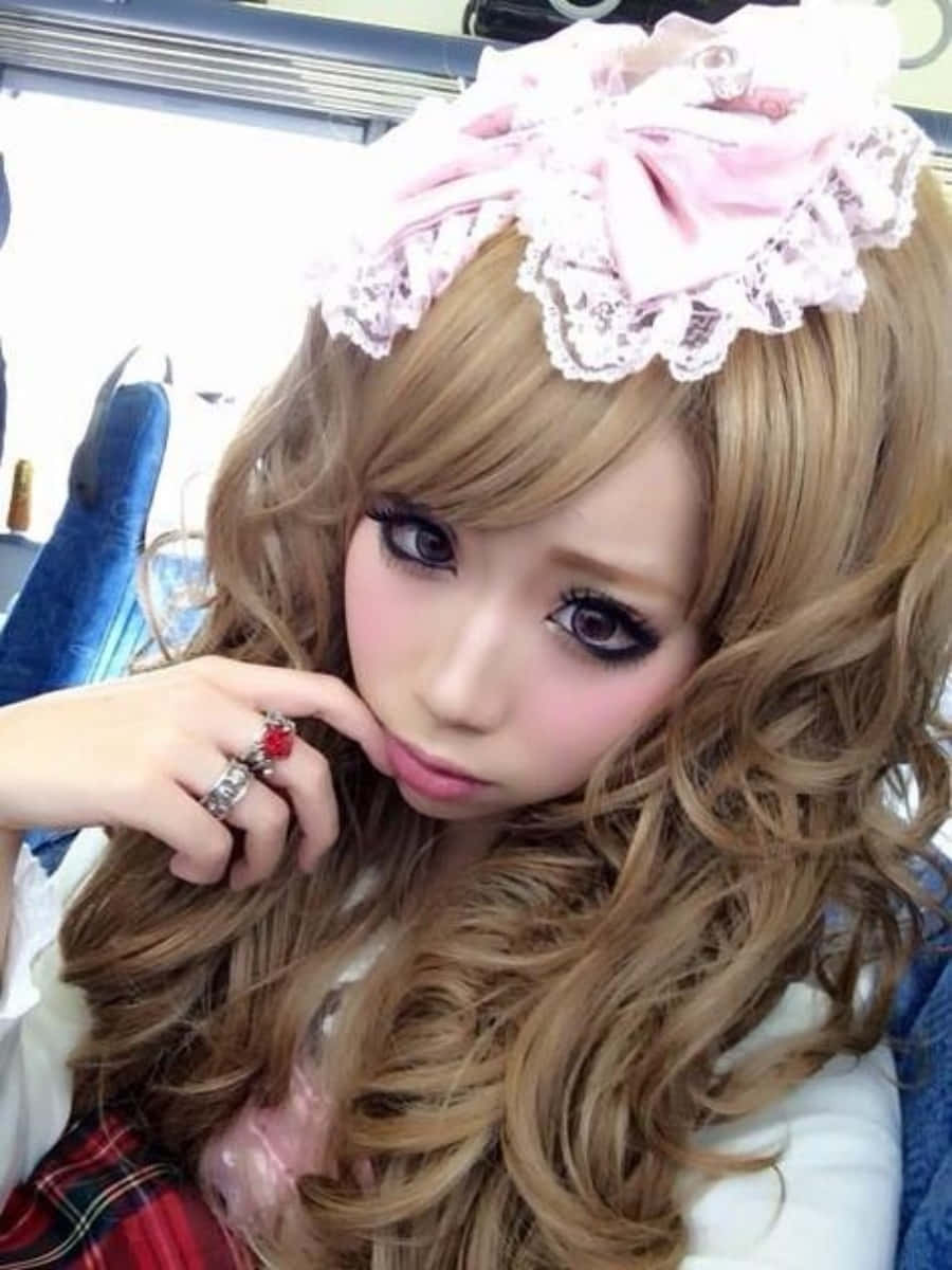 Gyaru 桌布 壁紙 — 一位年輕女性，擁有豐盈的金色捲髮和粉紅色蕾絲頭帶，輕輕地托腮，手上戴著紅色寶石戒指，溫柔地凝視著。