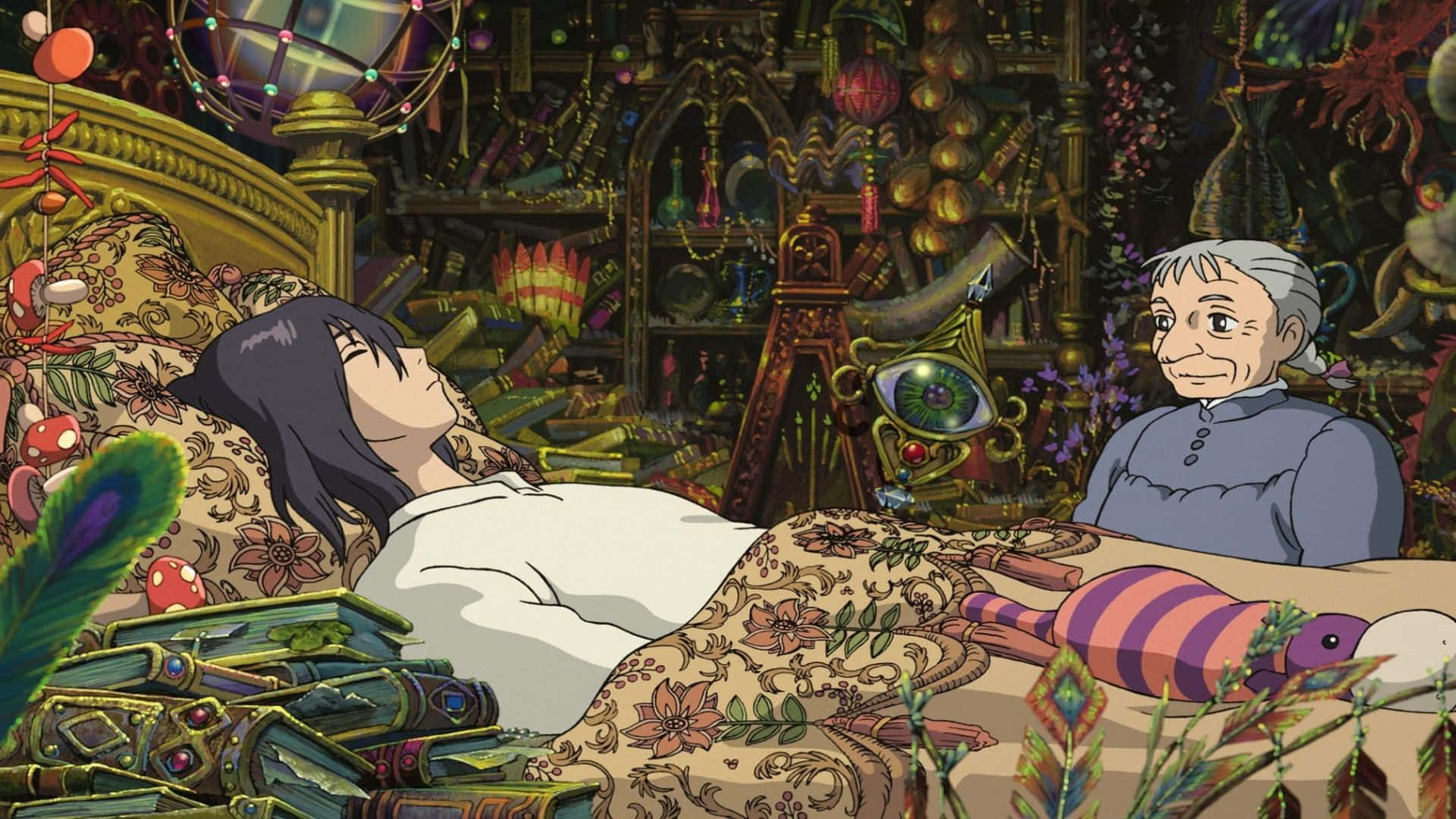 Hayao Miyazaki Movies 桌布 壁紙 — 一位年輕女性在一個奢華、雜亂的床上休息，周圍環繞著魔法物品和一位年長女性，構成一個奇幻的動畫場景。