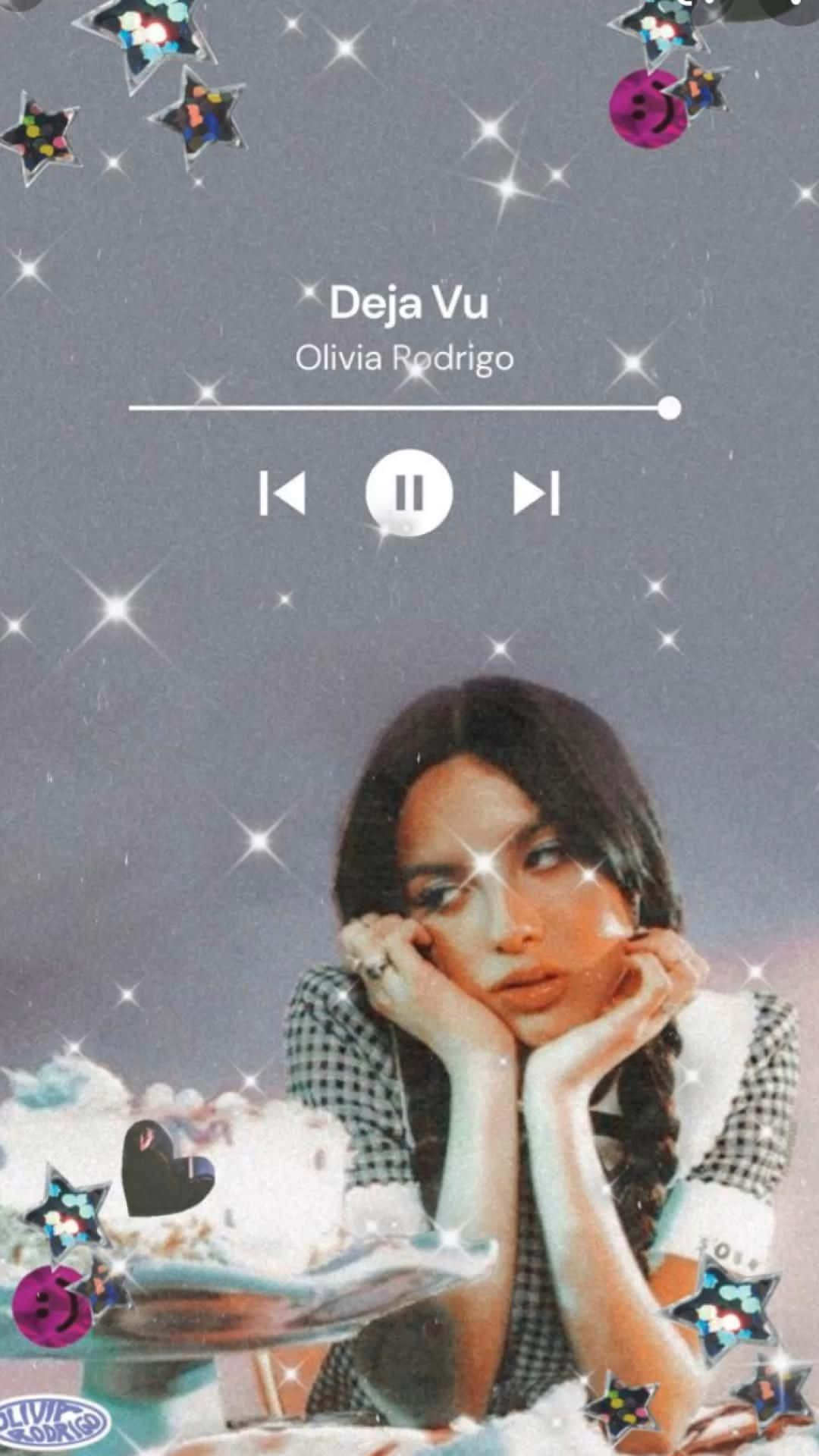 Olivia Rodrigo 桌布 壁紙 — 一位年輕女性將下巴擱在手上，背景是閃爍的星空，並有音樂播放器疊加。