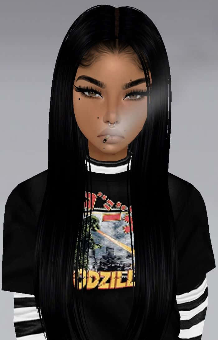 imvu 桌布 壁紙 — 一位年輕女性的數位肖像，長長的黑髮和多個面部穿孔，穿著哥斯拉圖案T恤。