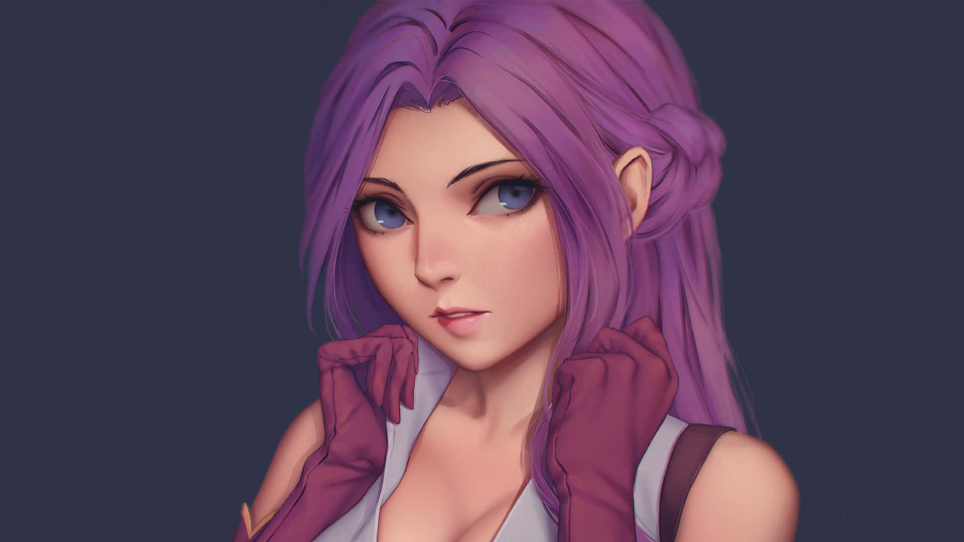 Cornelia Li Britannia 桌布 壁紙 — 一位年輕女性的數碼肖像，擁有鮮豔的紫色頭髮和藍色眼睛，戴著紅色手套，穿著白色上衣，背景為深色。