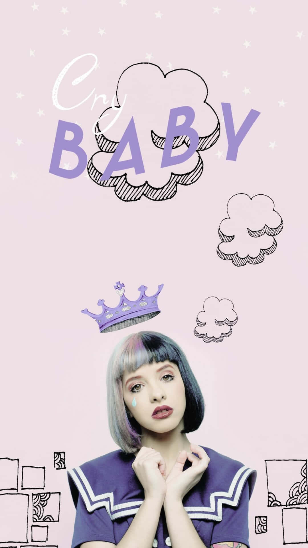 Melanie Martinez 桌布 壁紙 — 一位年輕女性臉頰上掛著淚珠，穿著紫色水手服，背景是粉彩粉紅色，上方有「Cry Baby」文字和漂浮的王冠。