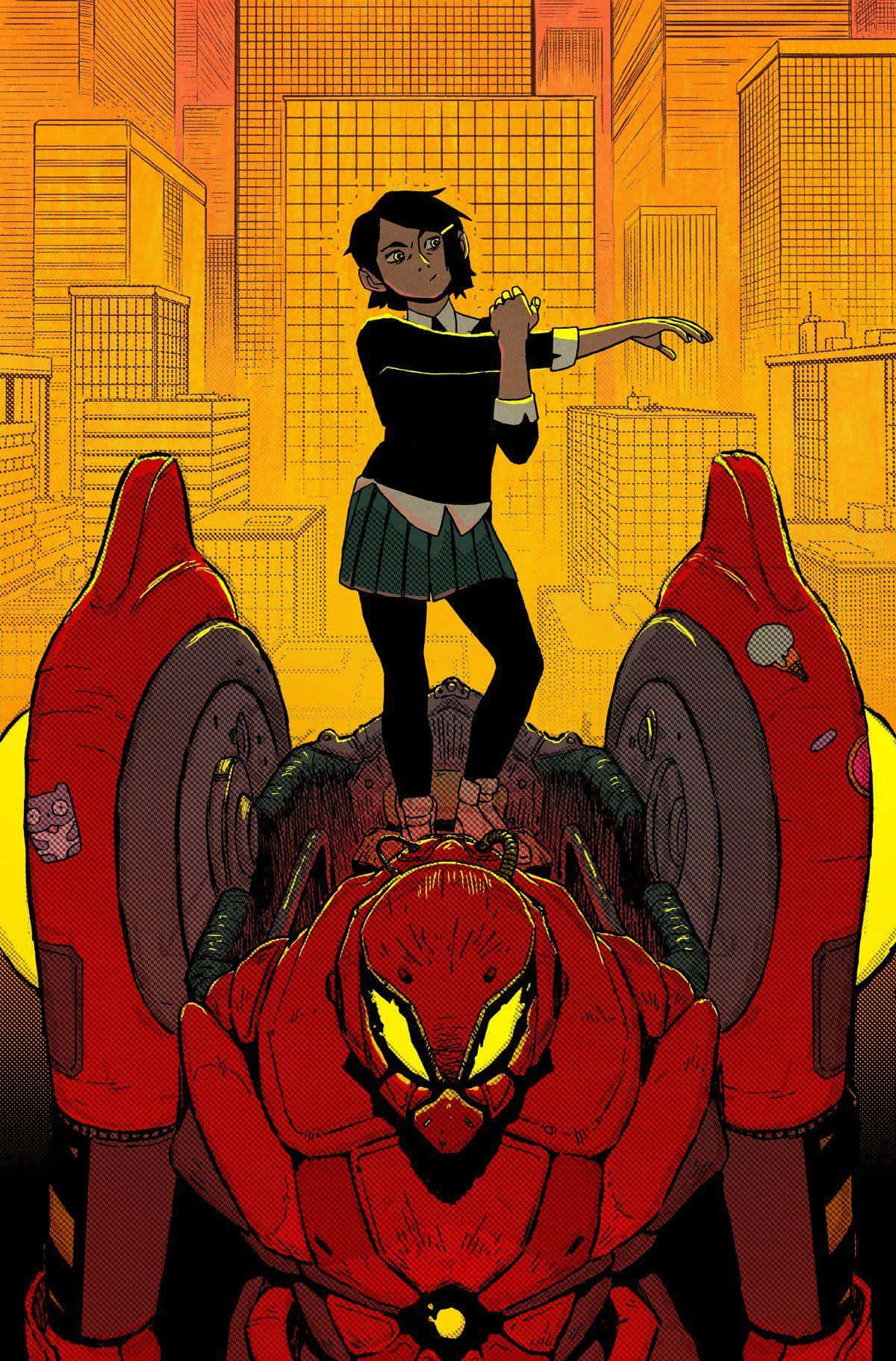 Spider-geddon 桌布 壁紙 — 一位年輕女性自信地站在一個紅色裝甲機器人上，背景是風格化的橙色城市景觀。