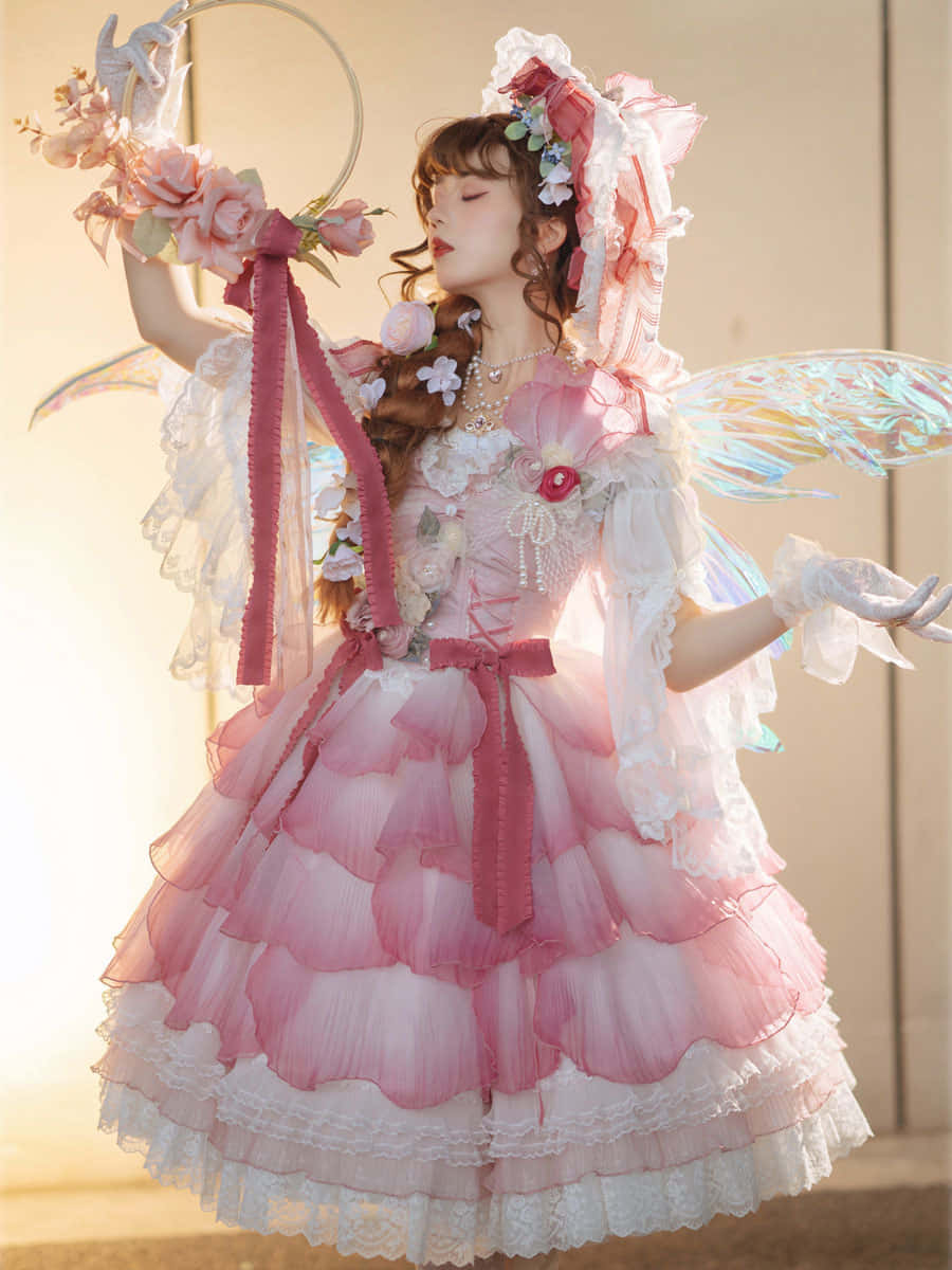 Lolita Fashion 桌布 壁紙 — 一位年輕女性身穿帶有花卉裝飾和半透明翅膀的蓬鬆粉白洛麗塔連衣裙，在室內優雅地擺姿勢。