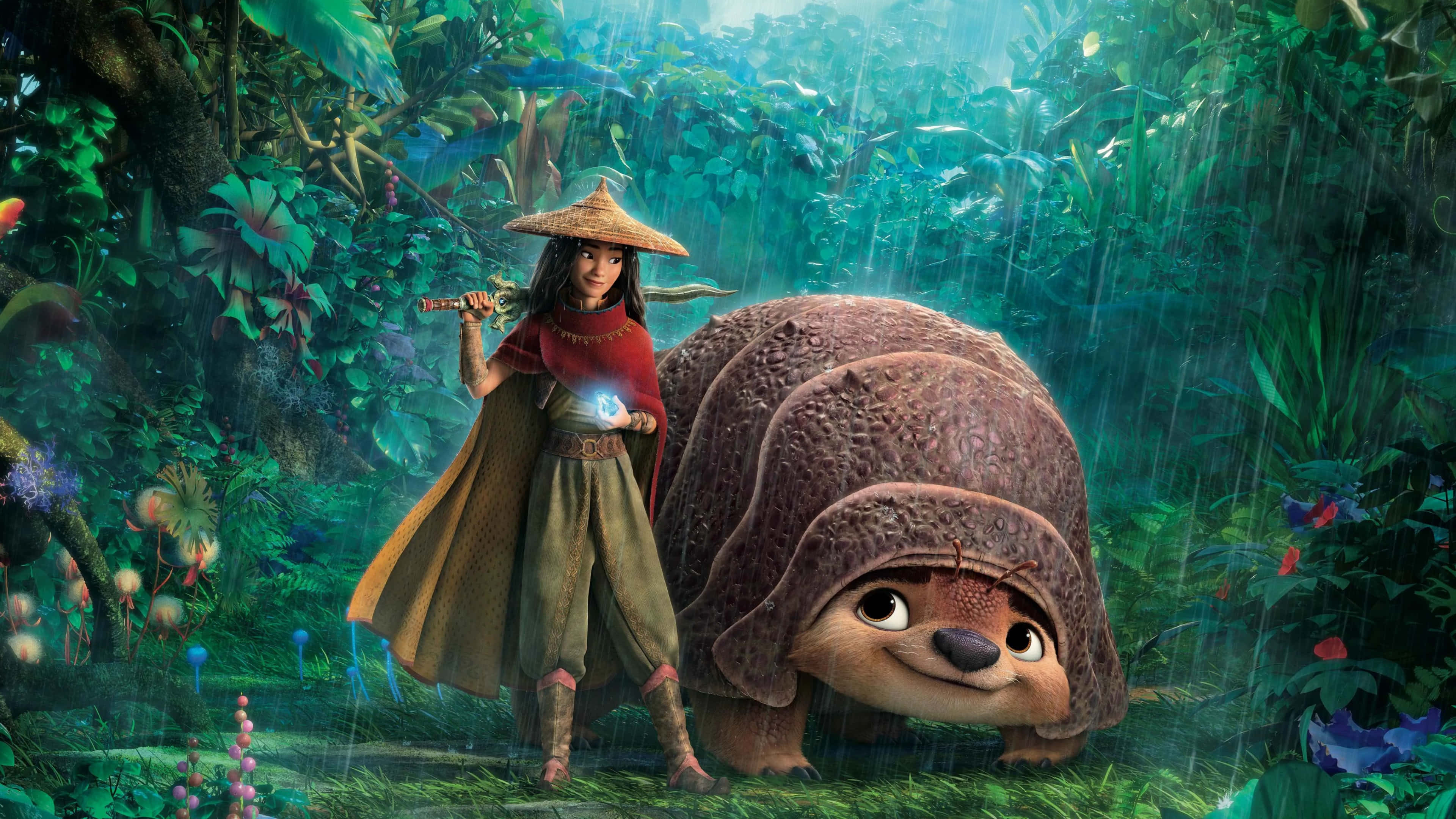 Animation Movies 桌布 壁紙 — 一位年輕戰士與她身穿盔甲的同伴在茂密的綠色叢林中，伴隨著輕柔的雨水站立在一起。