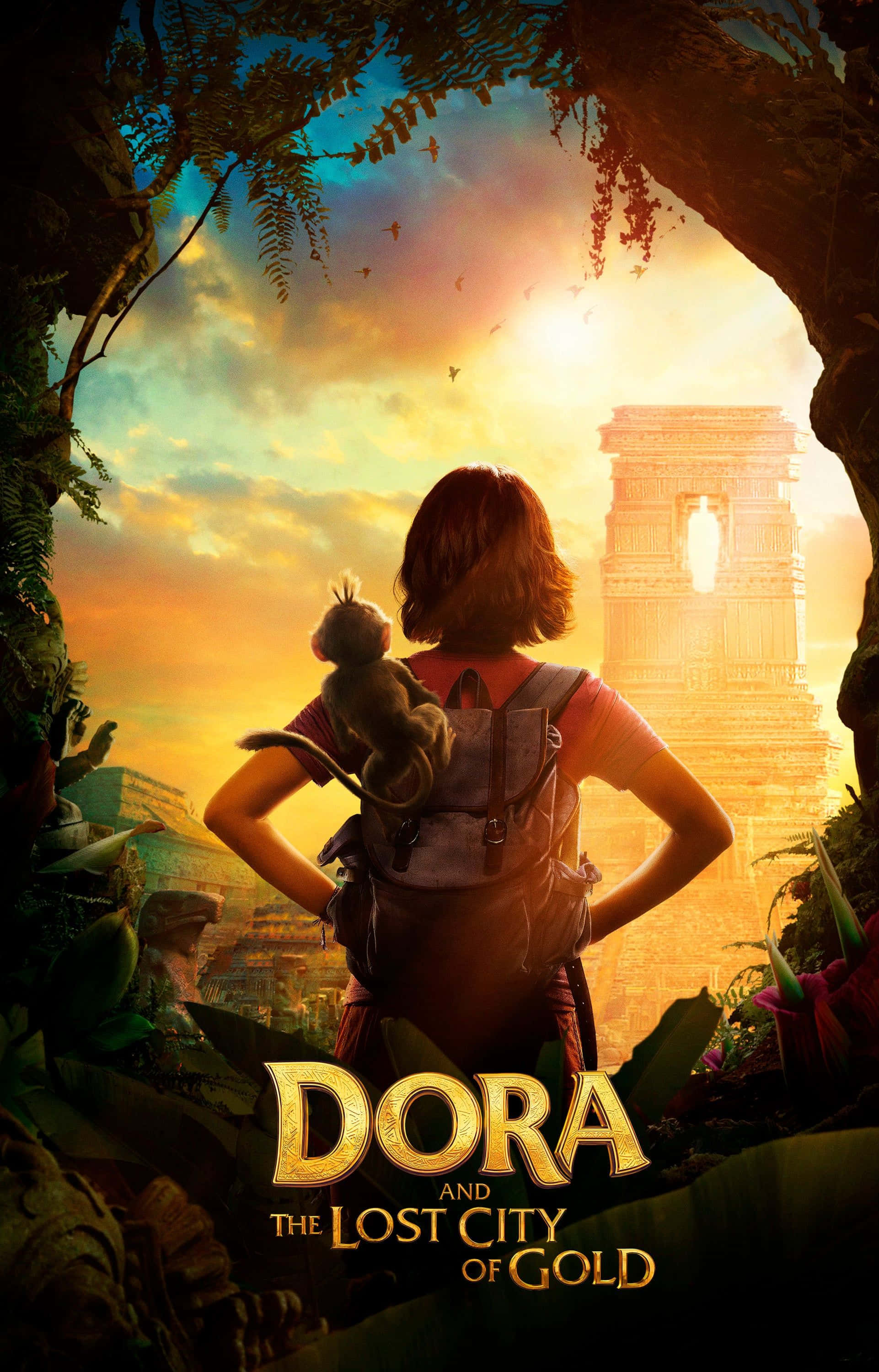 Dora 桌布 壁紙 — 一位年輕探險家肩上扛著一隻猴子，站在叢林空地上，凝視著沐浴在夕陽光中的金色廢墟。