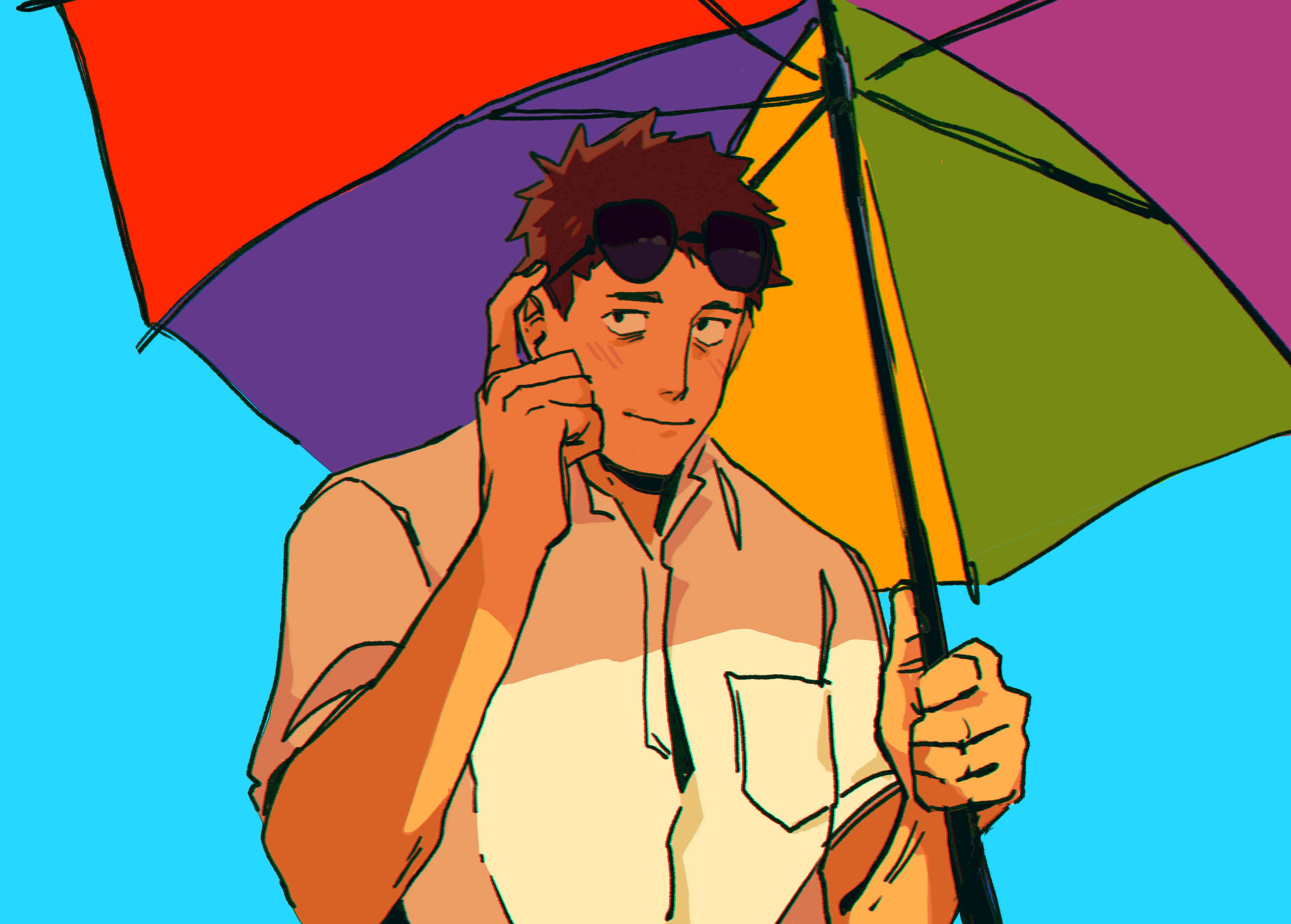 Katsuya Serizawa 桌布 壁紙 — 一位年輕男子，頭髮豎起，戴著太陽眼鏡，在明亮的藍天下撐著彩虹傘，同時調整耳朵。