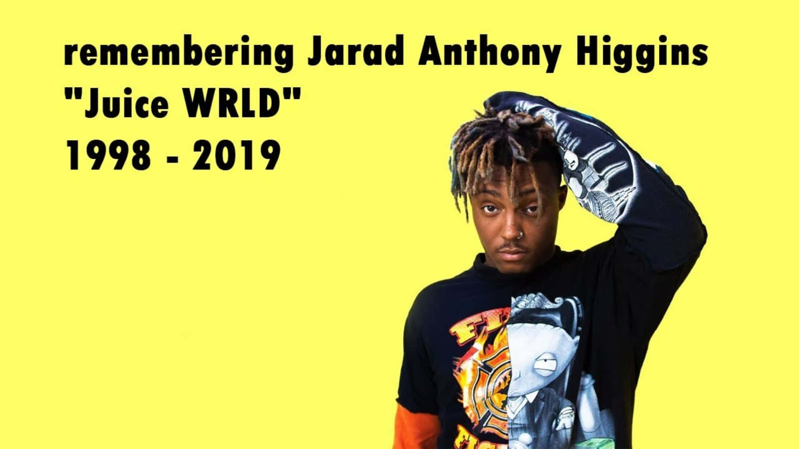 Juice Wrld Quotes 桌布 壁紙 — 一位年輕男子梳著辮子頭、戴鼻環，在亮黃色背景前擺姿勢，背景上有紀念 Juice WRLD 的文字。