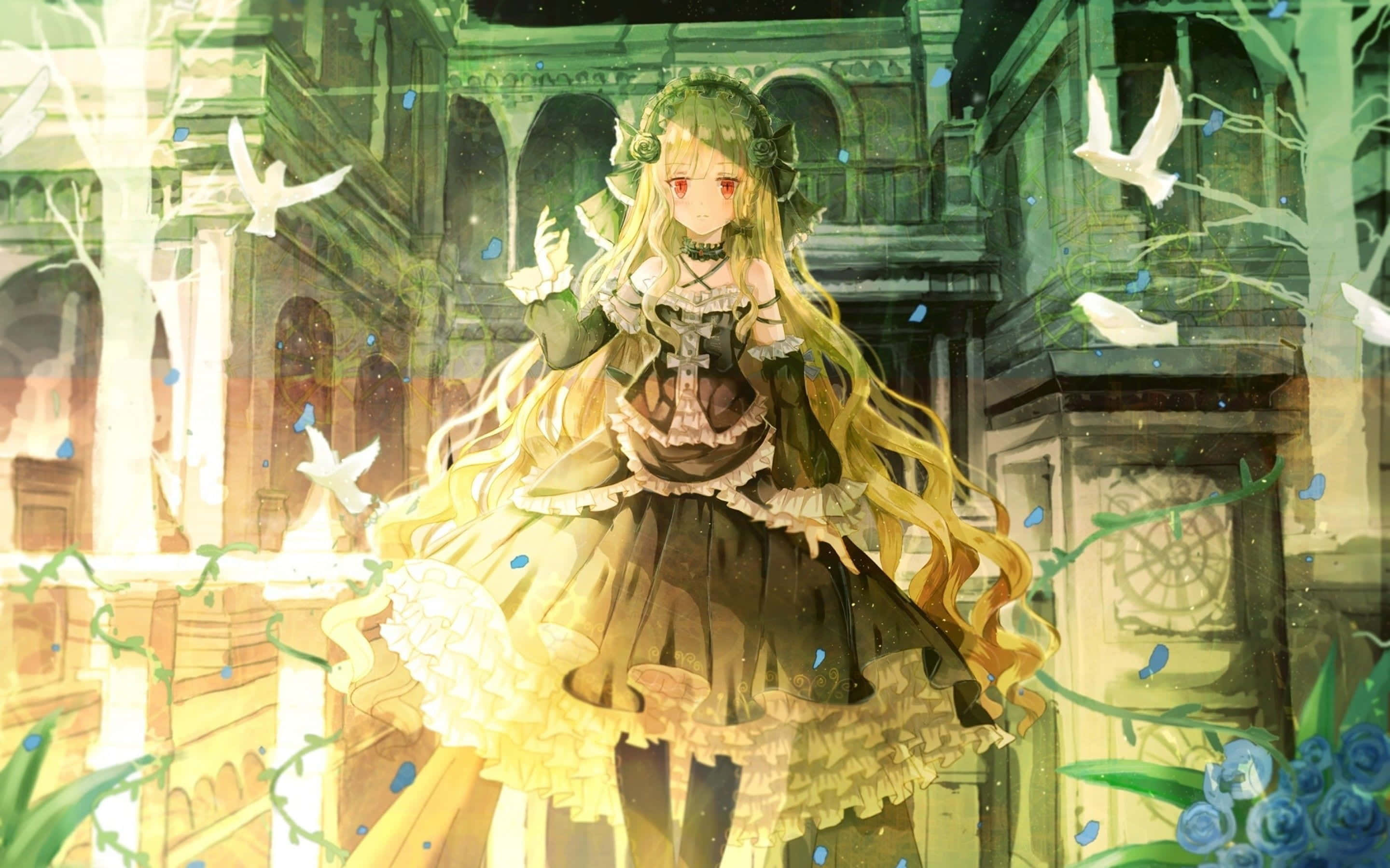 Gothic Costumes 桌布 壁紙 — 一位年輕的動漫女孩，擁有長長的金色頭髮和紅色眼睛，站在哥德式花園中，白鴿在她周圍飛翔。
