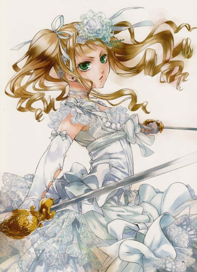 Elizabeth Midford 桌布 壁紙 — 一位年輕的動漫女孩，擁有飄逸的金色長髮和綠色眼睛，身穿華麗的白色蕾絲連衣裙，揮舞著劍。