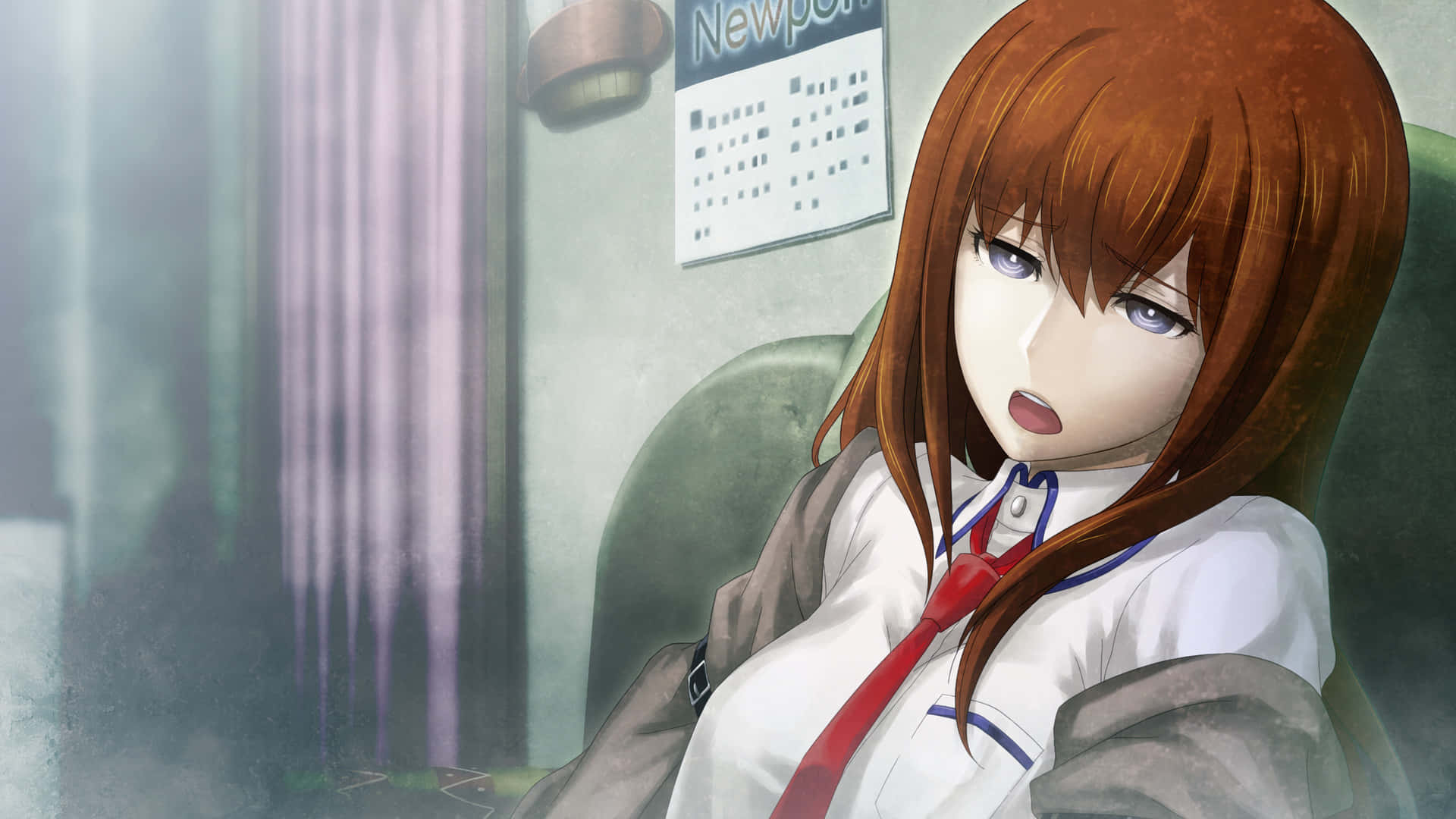 Kagari Shiina 桌布 壁紙 — 一位年輕的動漫女孩，棕色頭髮和紫色眼睛，坐在椅子上，穿著帶紅色領帶的校服。