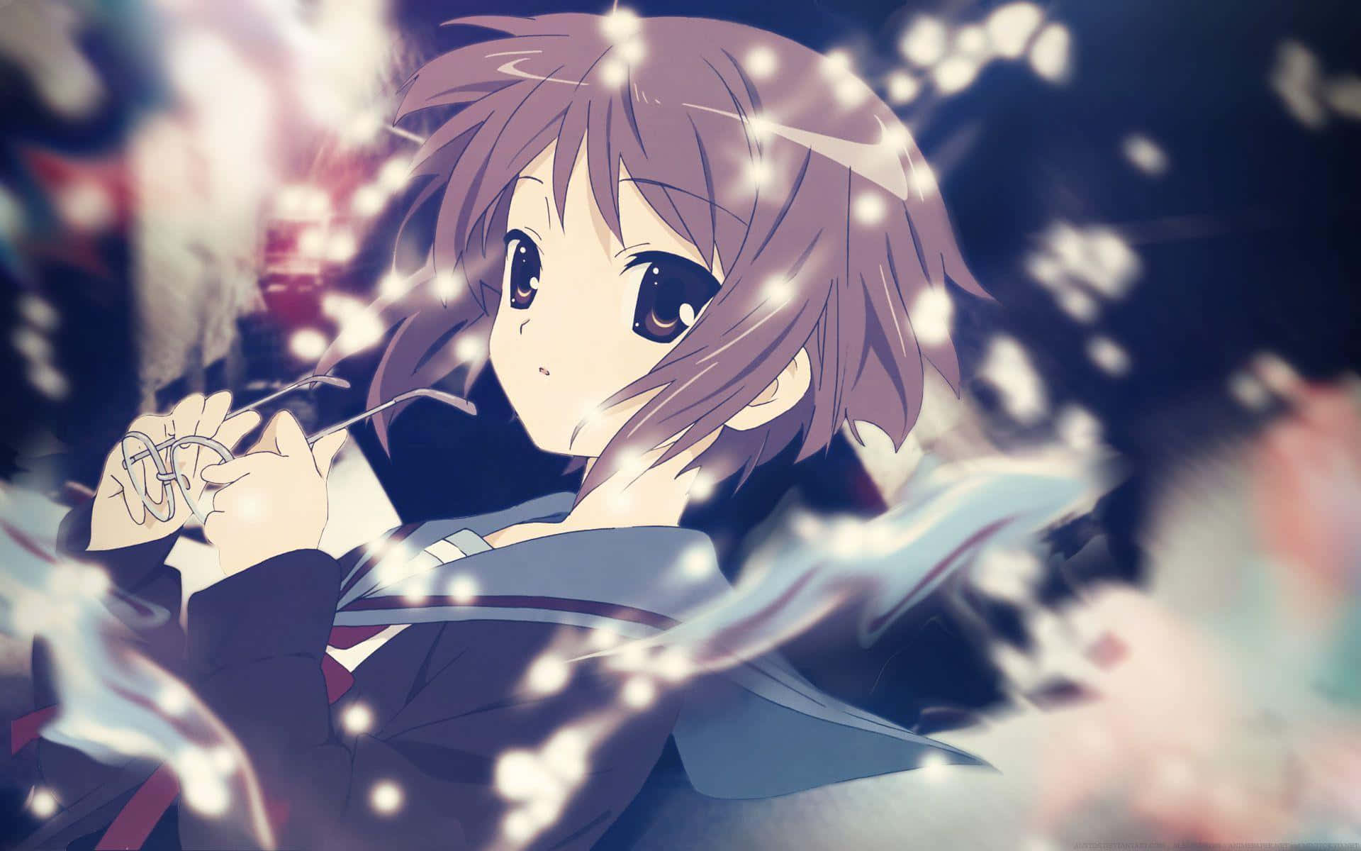 Yuki Nagato 桌布 壁紙 — 一位年輕的動漫女孩，棕色頭髮戴著眼鏡，在柔和發光的場景中，於漂浮的白色花瓣中拿著勺子。