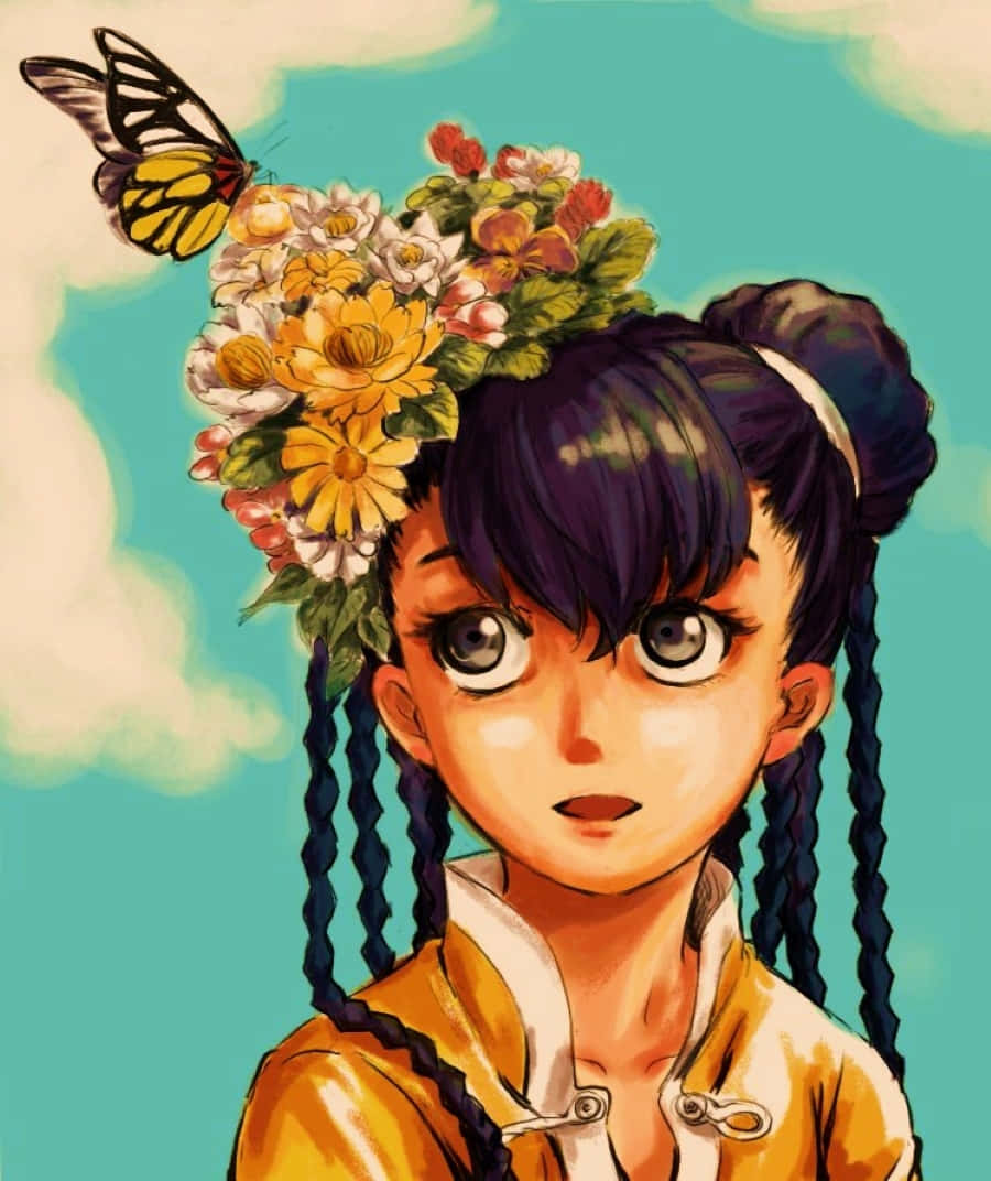 May Chang 桌布 壁紙 — 一位年輕的動漫女孩，深色辮子，戴著鮮豔的花冠，一隻蝴蝶在她身邊飛舞，背景是青綠色的天空。