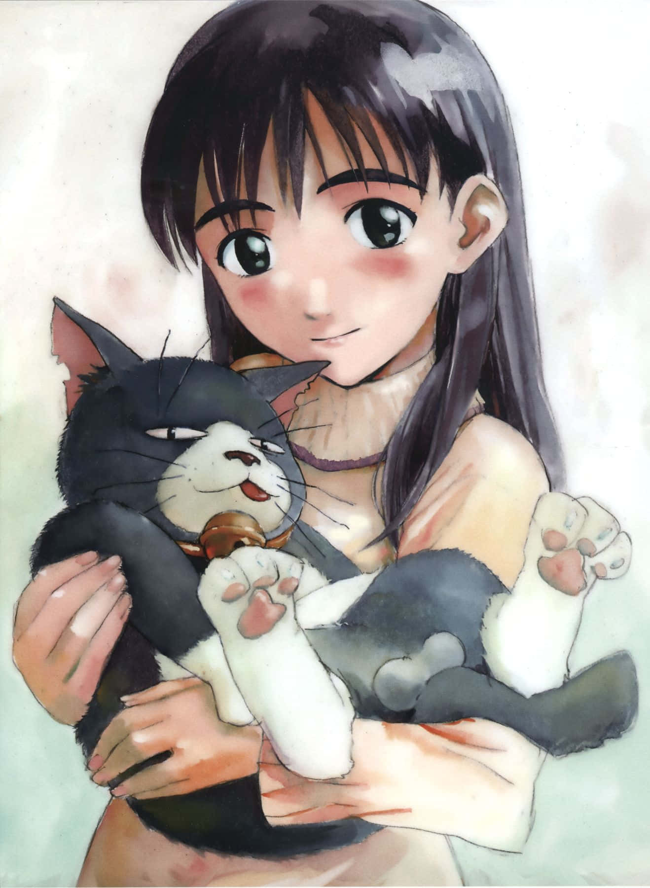 Ninamori Eri 桌布 壁紙 — 一位年輕的動漫女孩，深色頭髮，輕輕抱著一隻戴著鈴鐺項圈的黑白貓咪，背景是柔和的水彩畫。