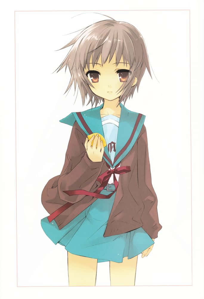 Yuki Nagato 桌布 壁紙 — 一位年輕的動漫女孩，灰色短髮，棕色眼睛，穿著藍綠色水手服，搭配棕色外套和紅色蝴蝶結，手持黃色物體。