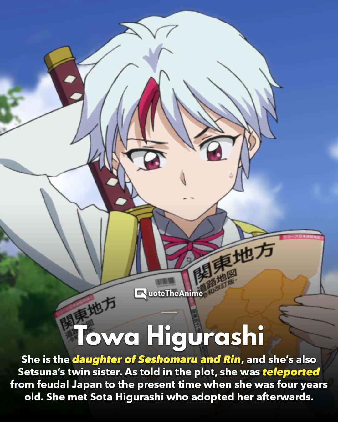 Towa Higurashi 桌布 壁紙 — 一位年輕的動漫女孩，白髮紅眼，在明亮的藍天和綠樹下閱讀地圖。