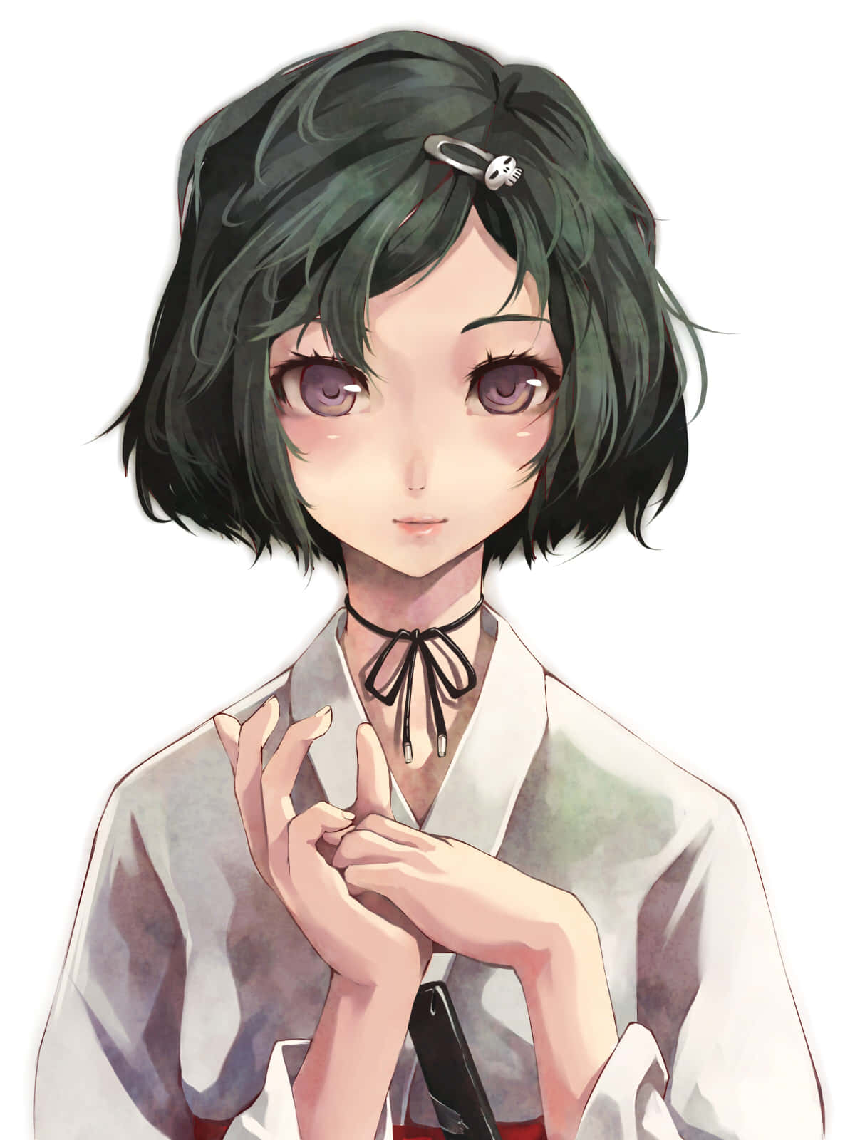 Luka Urushibara 桌布 壁紙 — 一位年輕的動漫女孩，短黑髮，紫色眼睛，穿著白色和服，雙手合十。