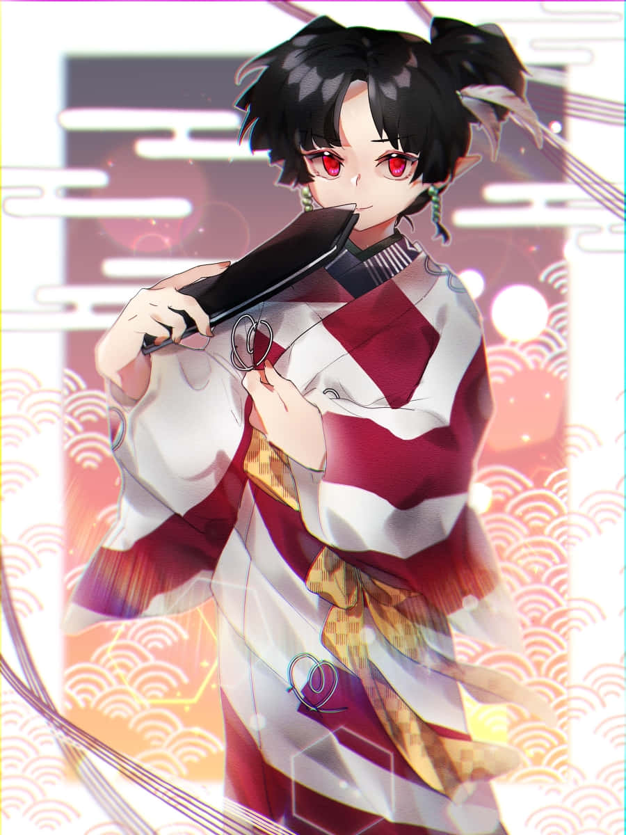 Inuyasha Kagura 桌布 壁紙 — 一位年輕的動漫女孩，紅眼睛，黑色雙馬尾，穿著傳統的紅白和服，在發光的波浪圖案背景前手持武士刀。