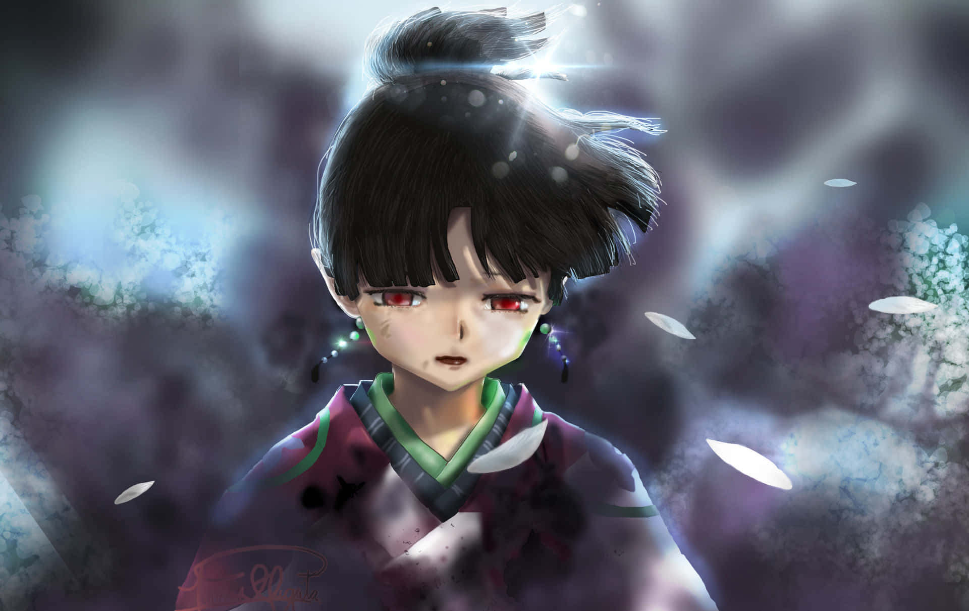 Inuyasha Kagura 桌布 壁紙 — 一位年輕的動漫女孩，紅眼睛、黑頭髮，穿著傳統長袍，站在飄落的花瓣和發光效果之中。