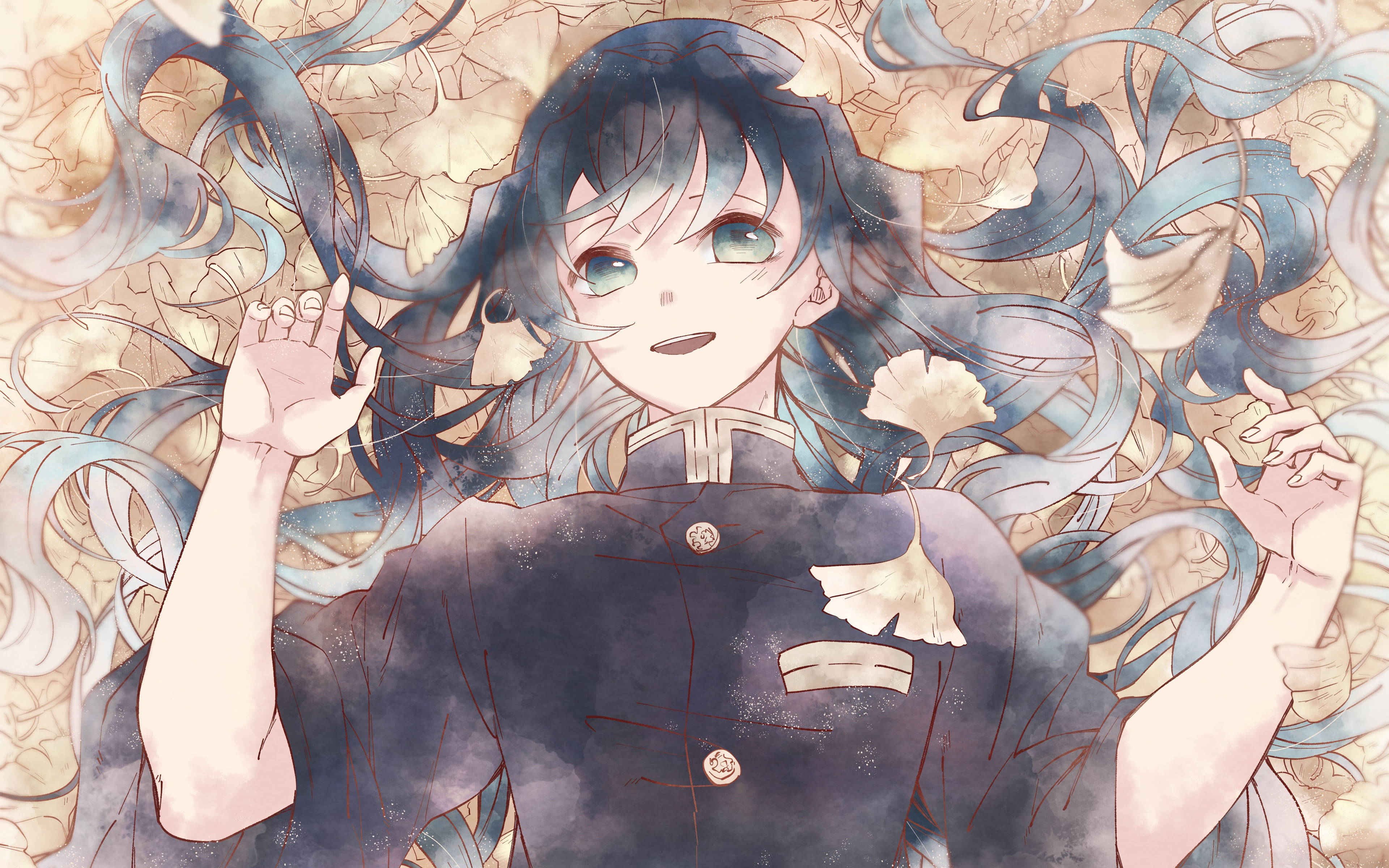 Muichiro 桌布 壁紙 — 一位年輕的動漫女孩，藍色頭髮和綠色眼睛，在旋轉的秋葉和銀杏花瓣中溫柔地微笑。