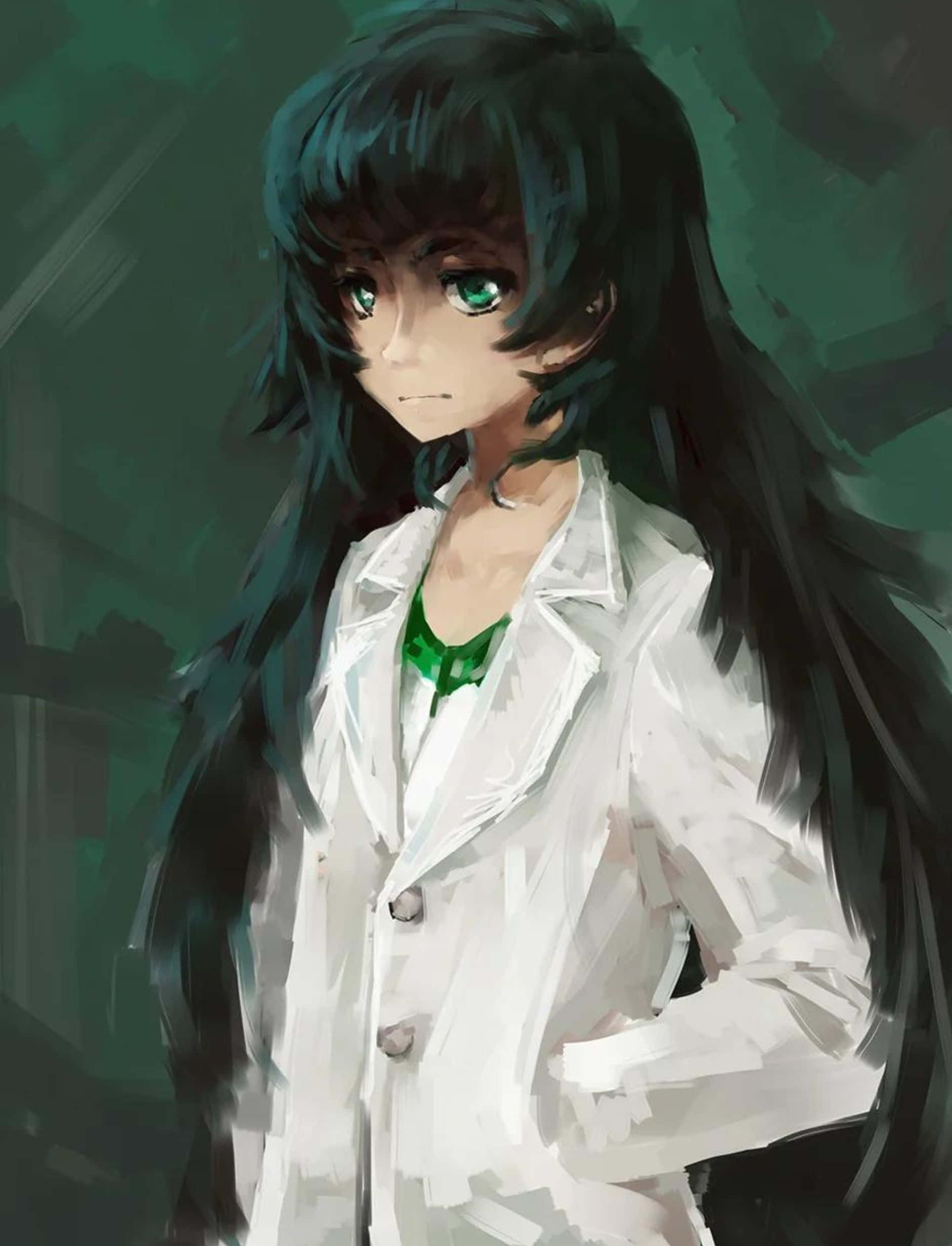 Maho Hiyajo 桌布 壁紙 — 一位年輕的動漫女孩，長著黑色長髮和引人注目的綠色眼睛，身穿白色實驗室外套，內搭綠色襯衫，背景為深綠色紋理。