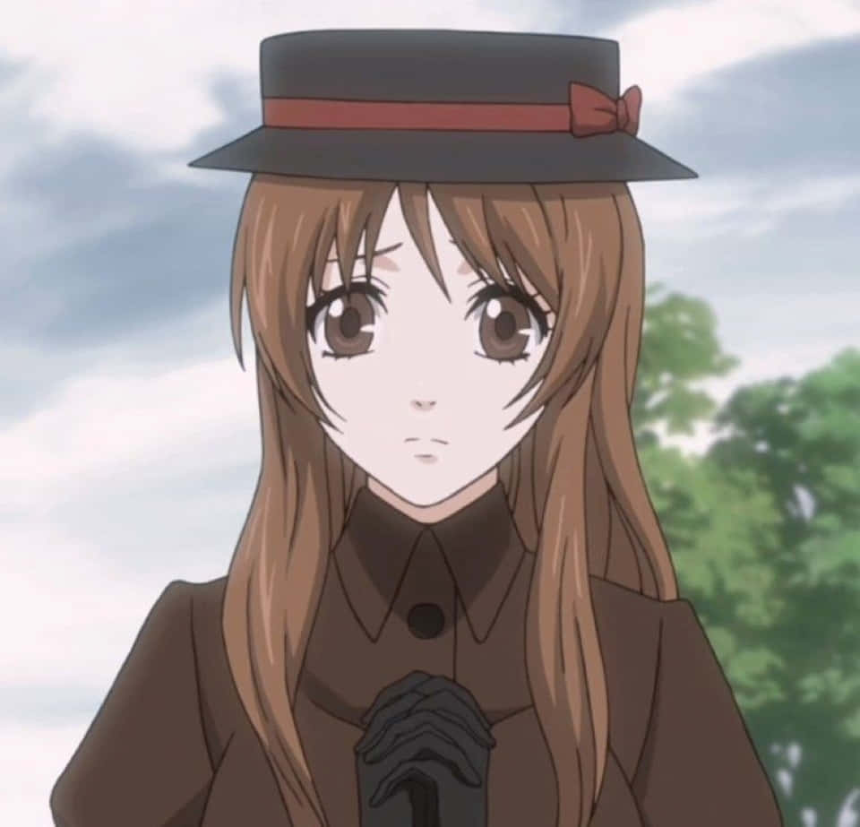 Black Butler Paula 桌布 壁紙 — 一位年輕的動漫女孩，長長嘅棕色頭髮，戴住深色帽同紅色絲帶，著住棕色外套，背景係多雲嘅天空同綠色樹木。
