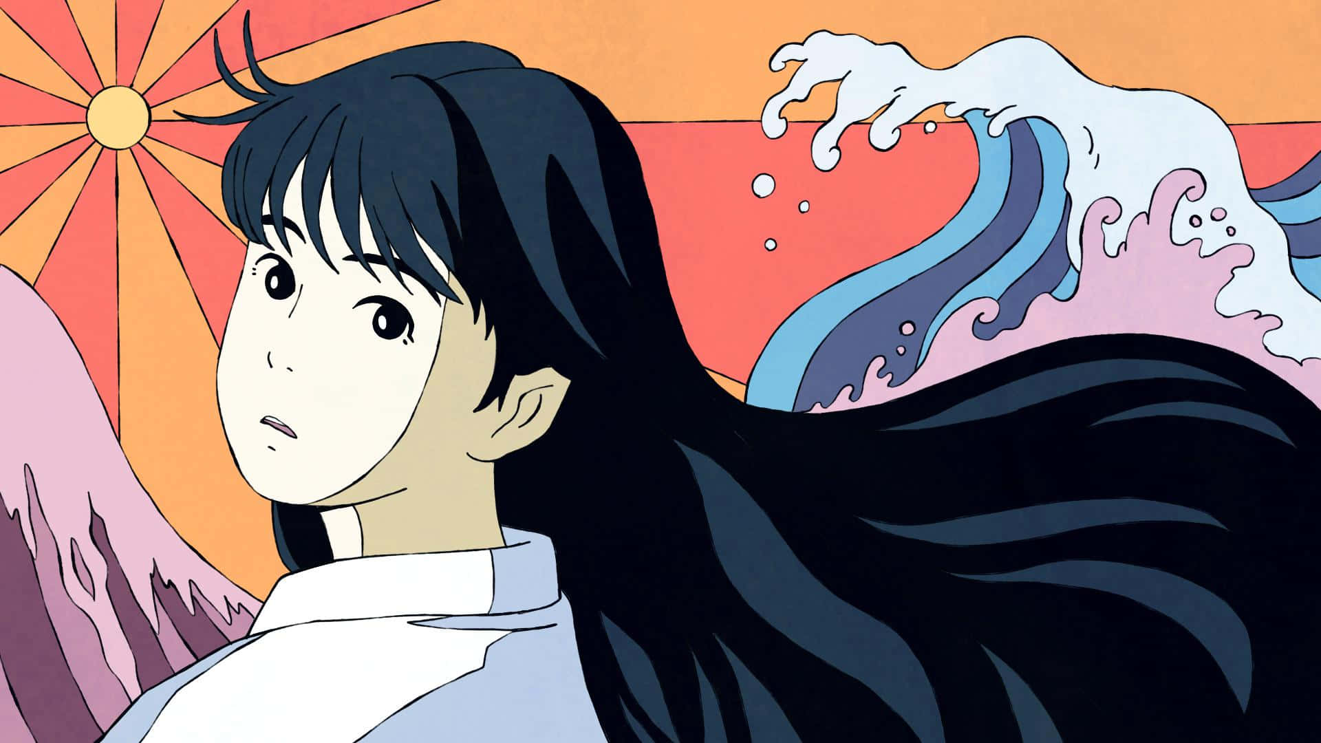 Studio Ghibli Ocean Waves 桌布 壁紙 — 一位年輕的動漫女孩，長長的黑髮，凝視前方，背後是風格化的海浪在 vibrant 的日落天空下翻湧。